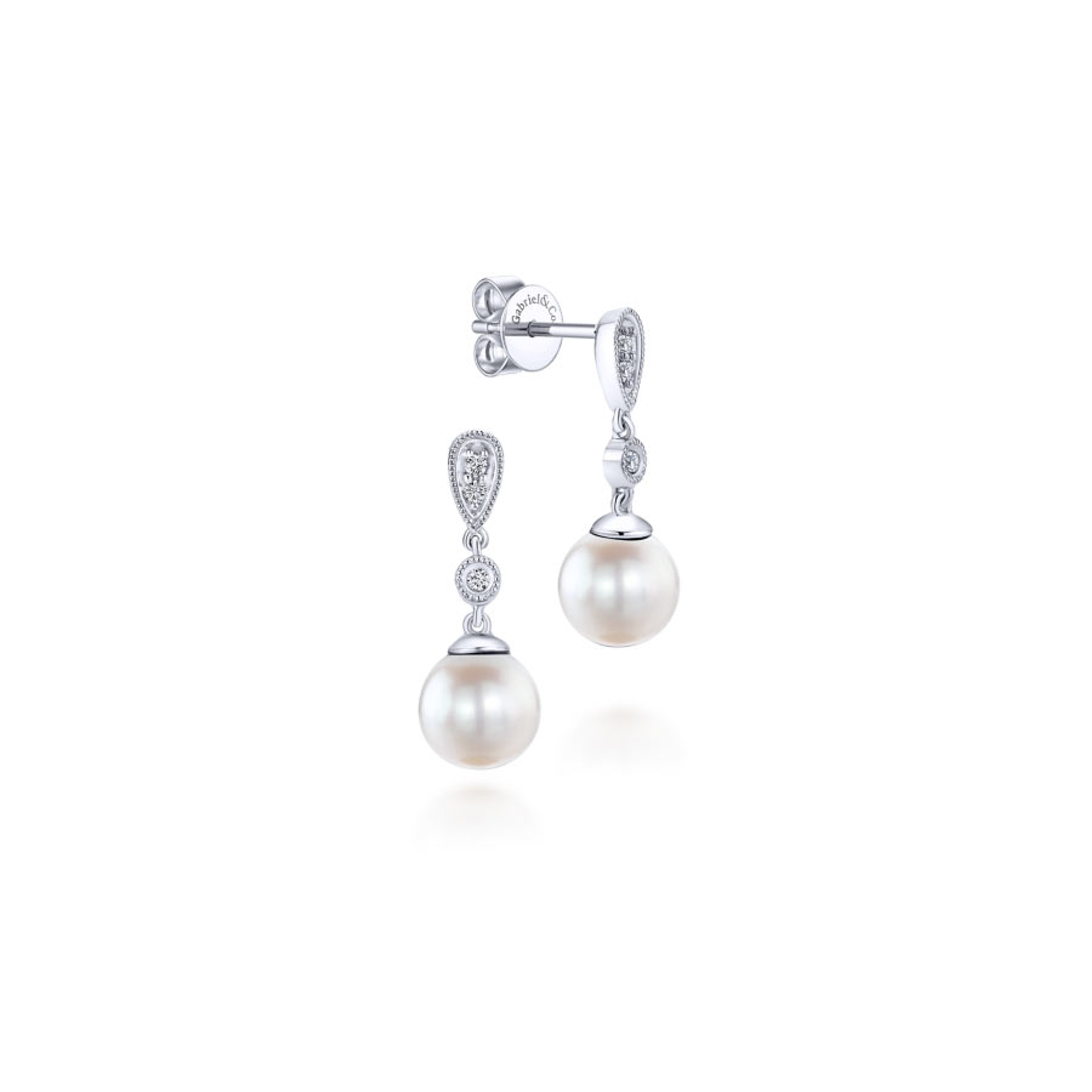 14K white gold pearl drop earrings with diamond accents