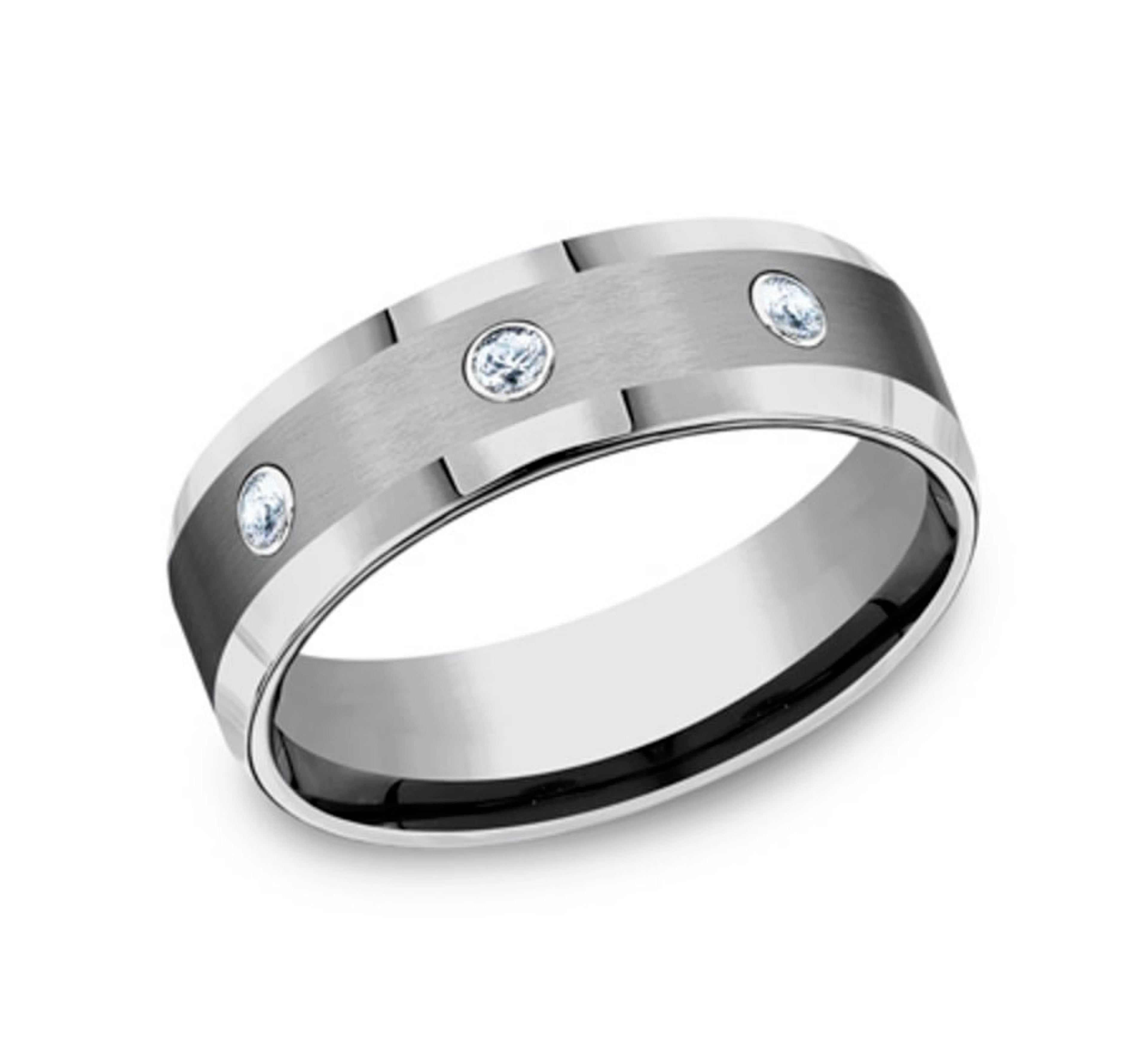 tungsten wedding ring with gypsy-set diamonds and a satin finish