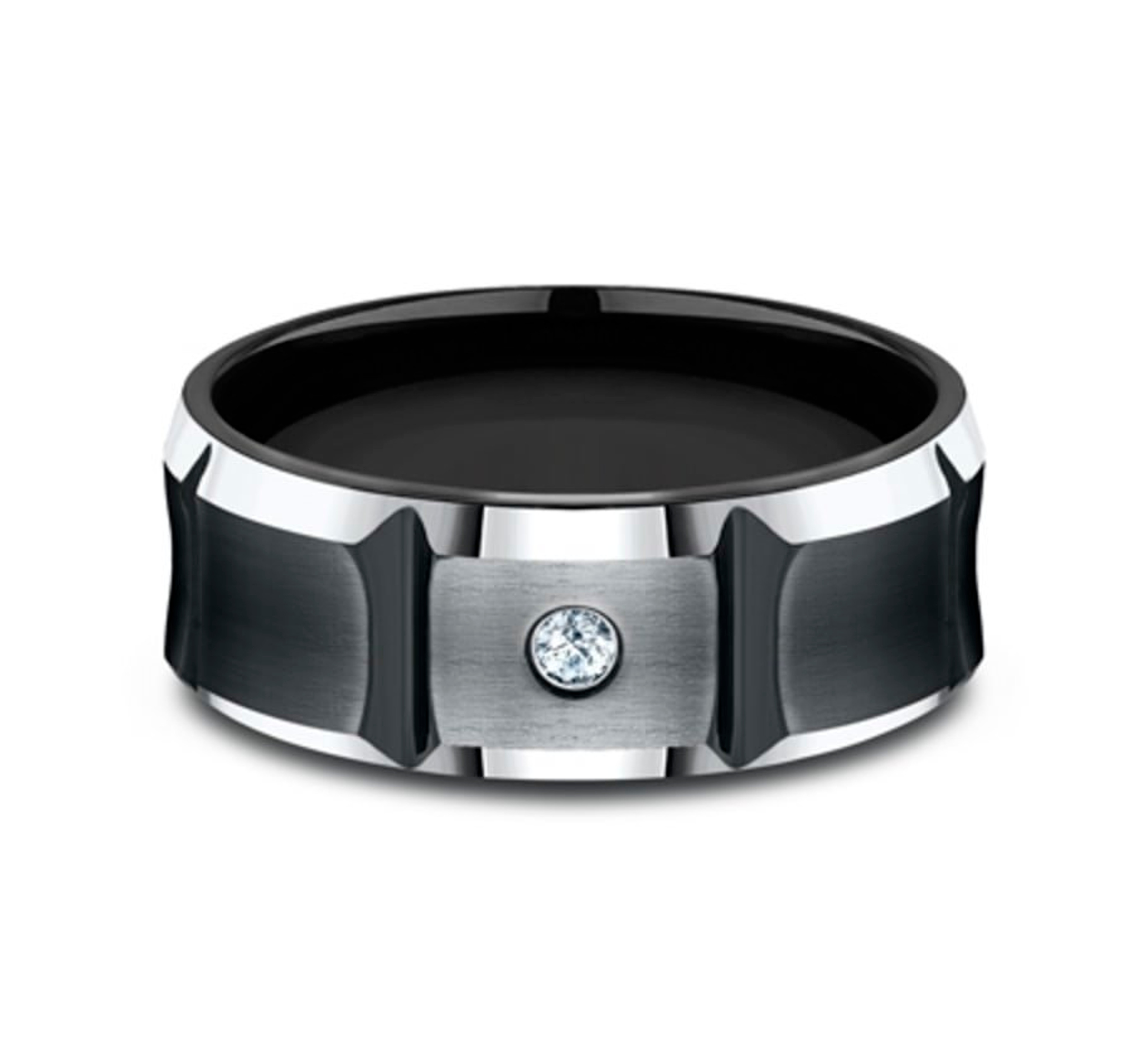 black cobalt wedding ring with solitaire diamond and vertical segmented cuts with a satin finish