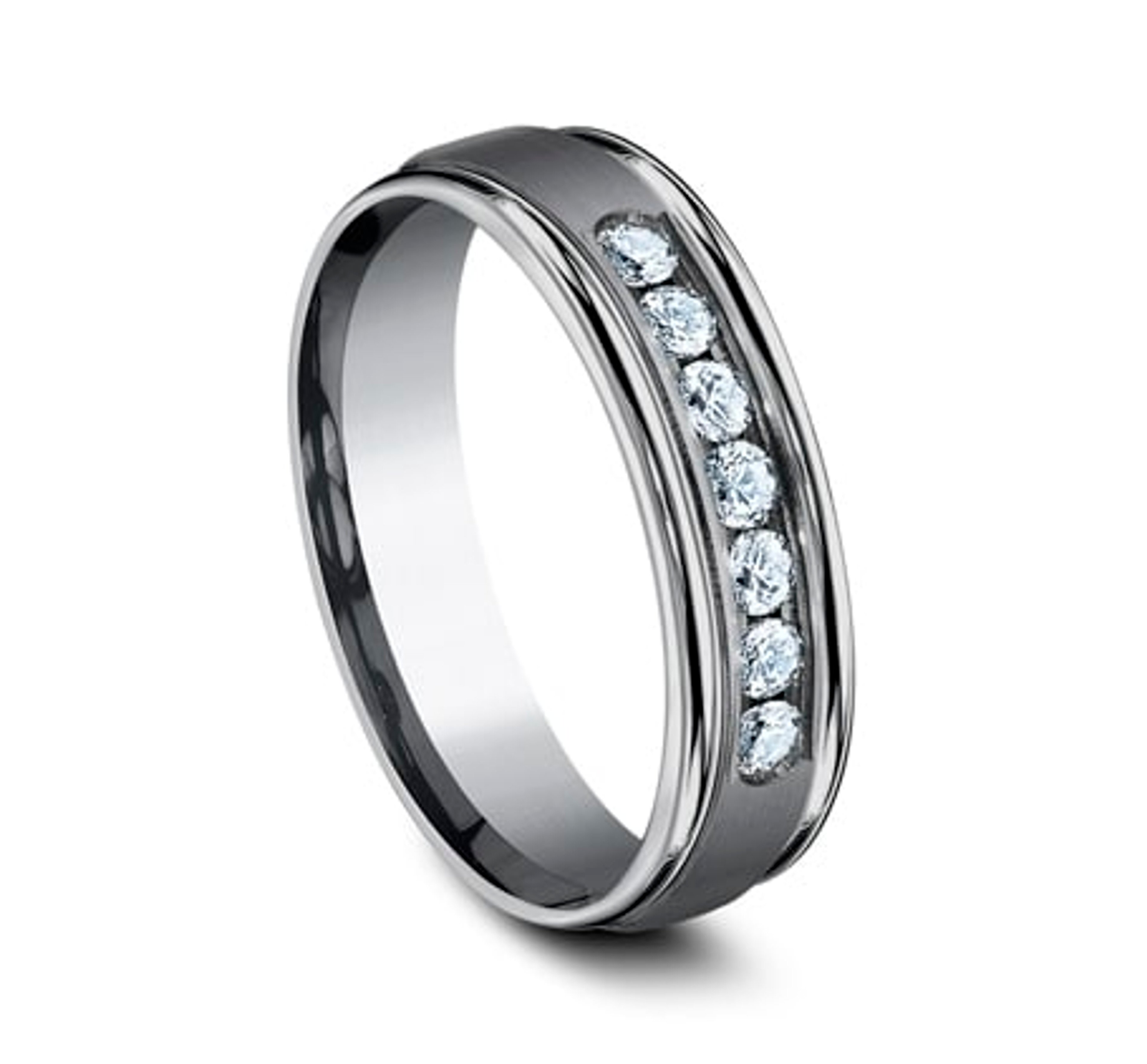 grey tantalum wedding ring with channel-set diamonds