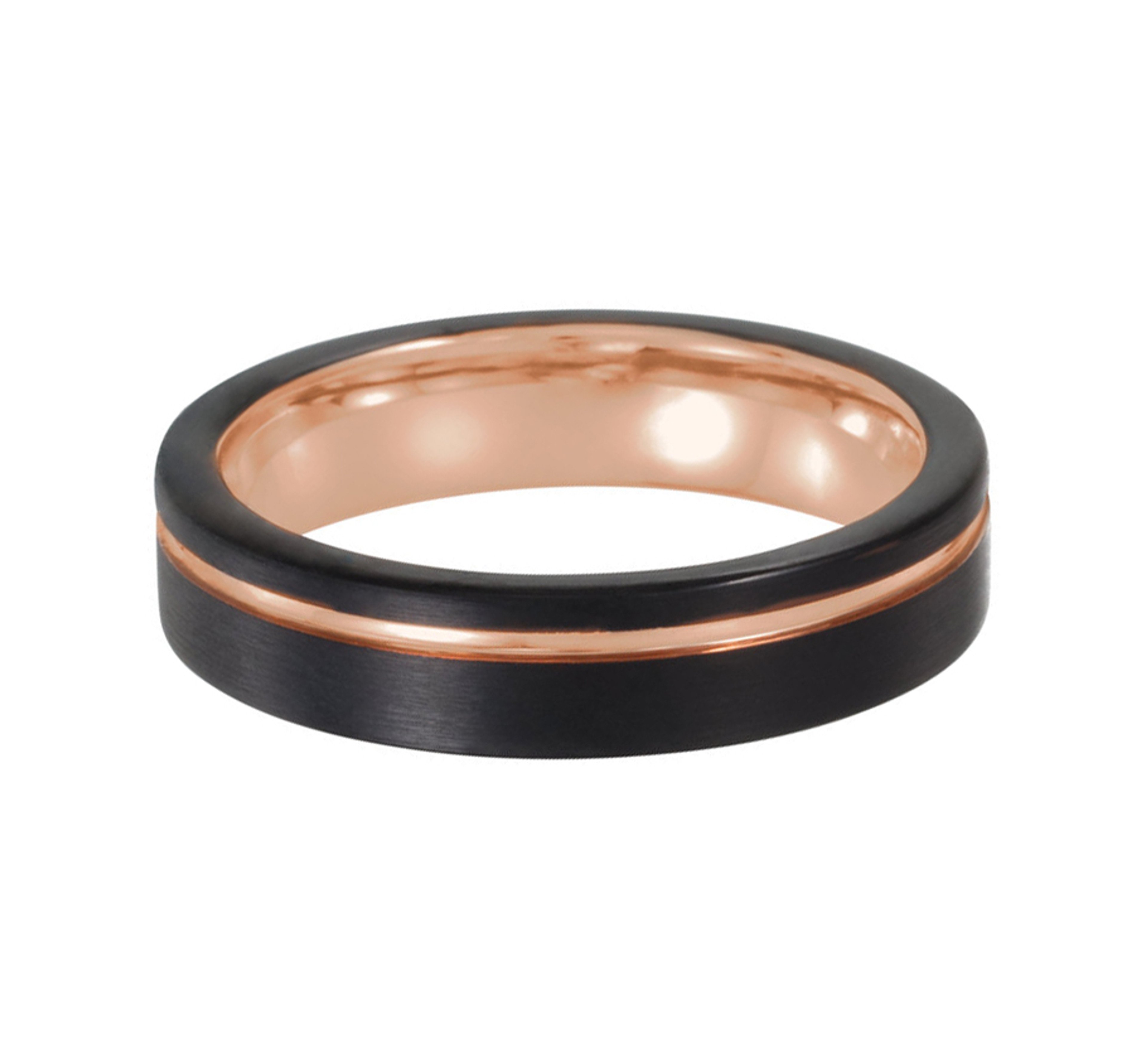 tungsten wedding ring with black PVD and 18K rose gold PVD coating and center groove with satin finish