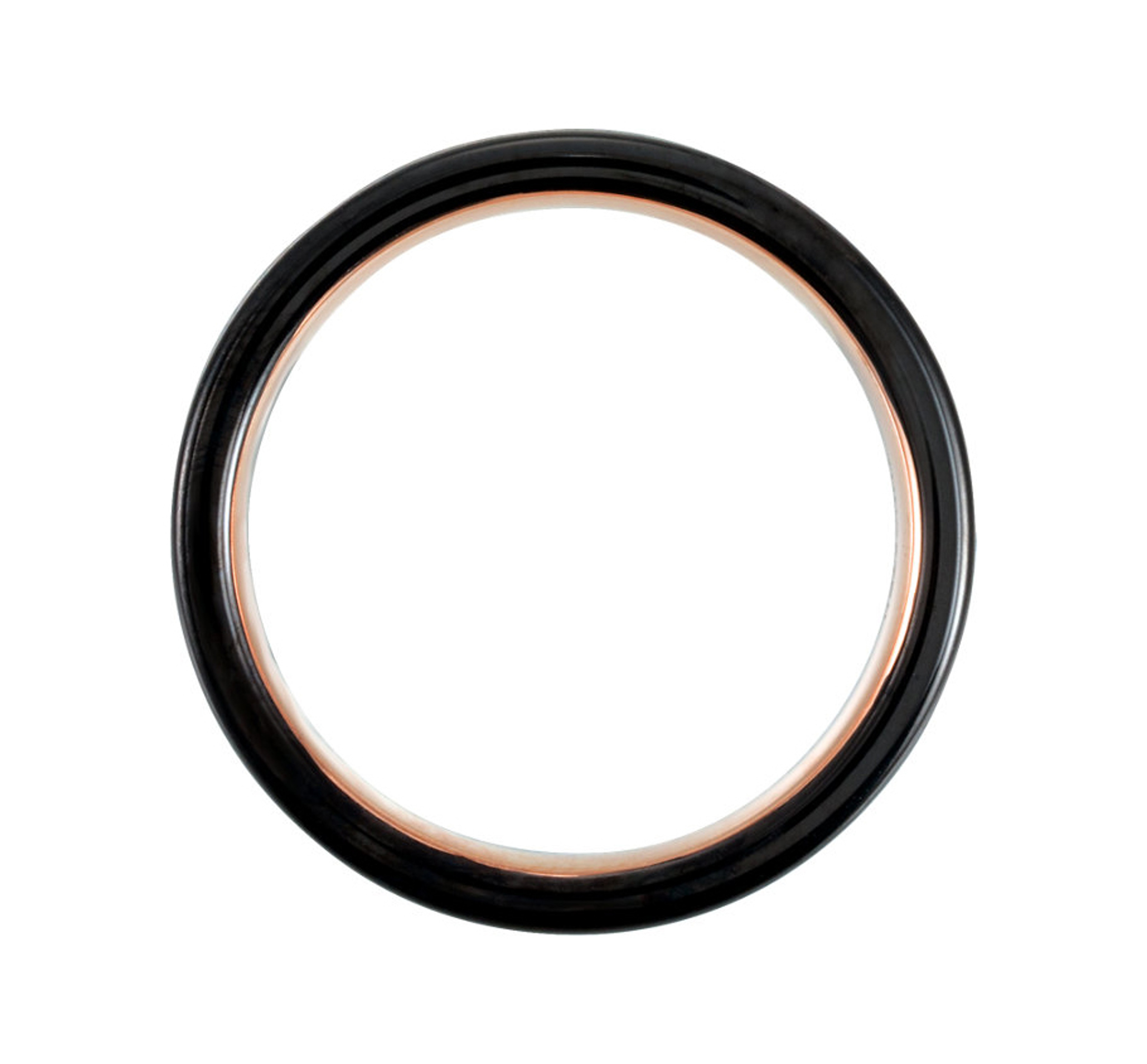 tungsten wedding ring with black PVD and 18K rose gold PVD coating and center groove with satin finish