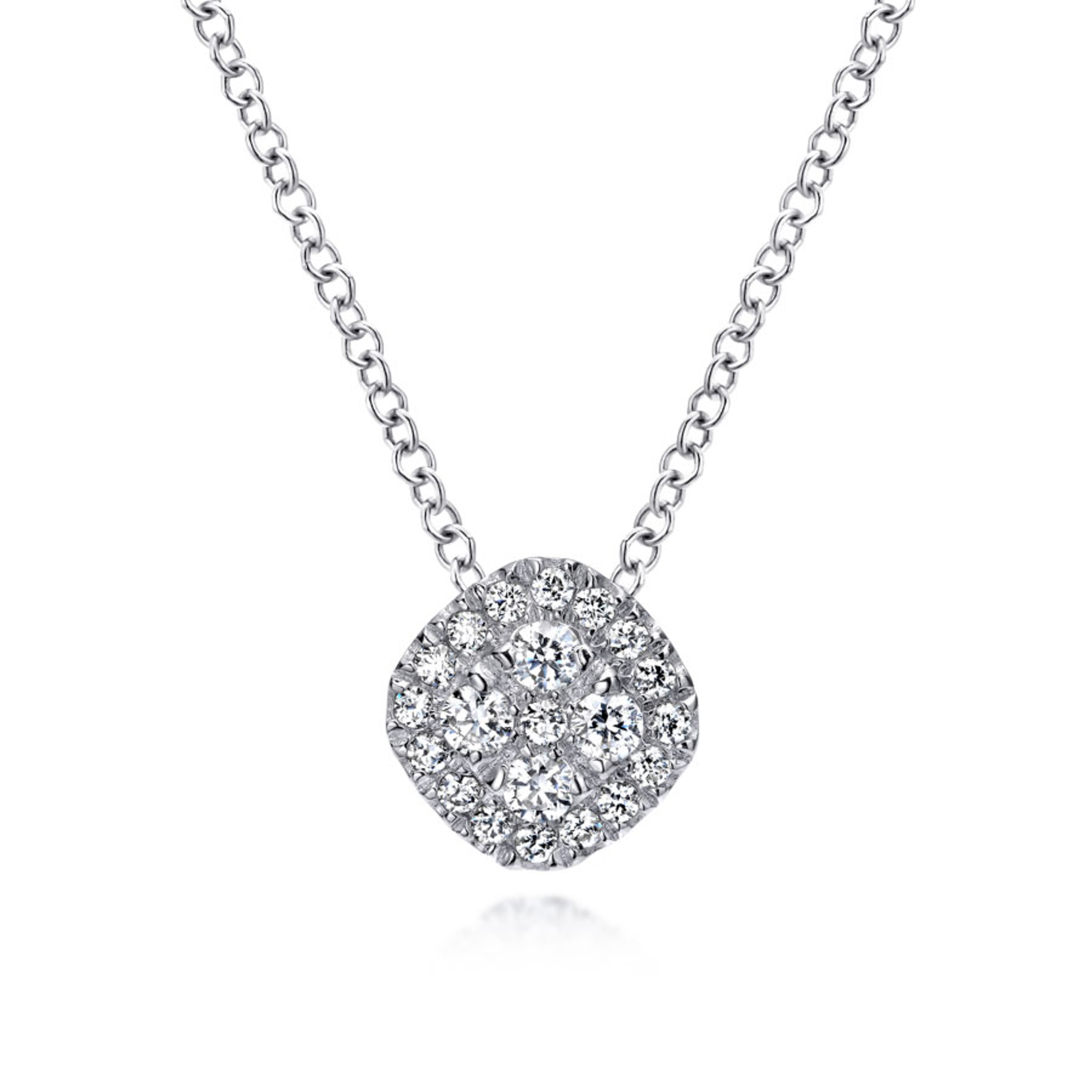 14K gold cushion shaped pave pendant necklace