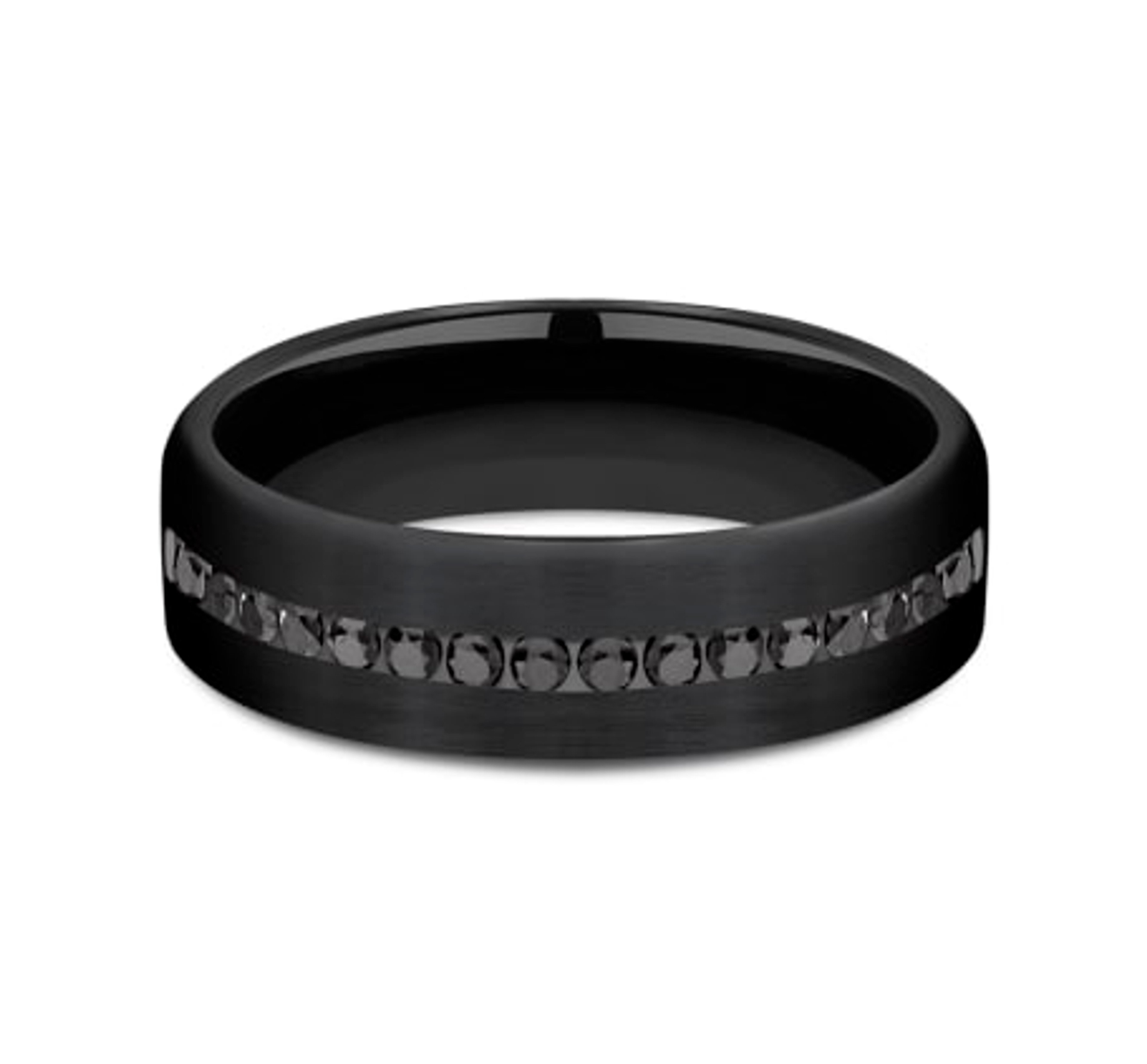 black titanium wedding ring with channel-set black diamonds and satin finish