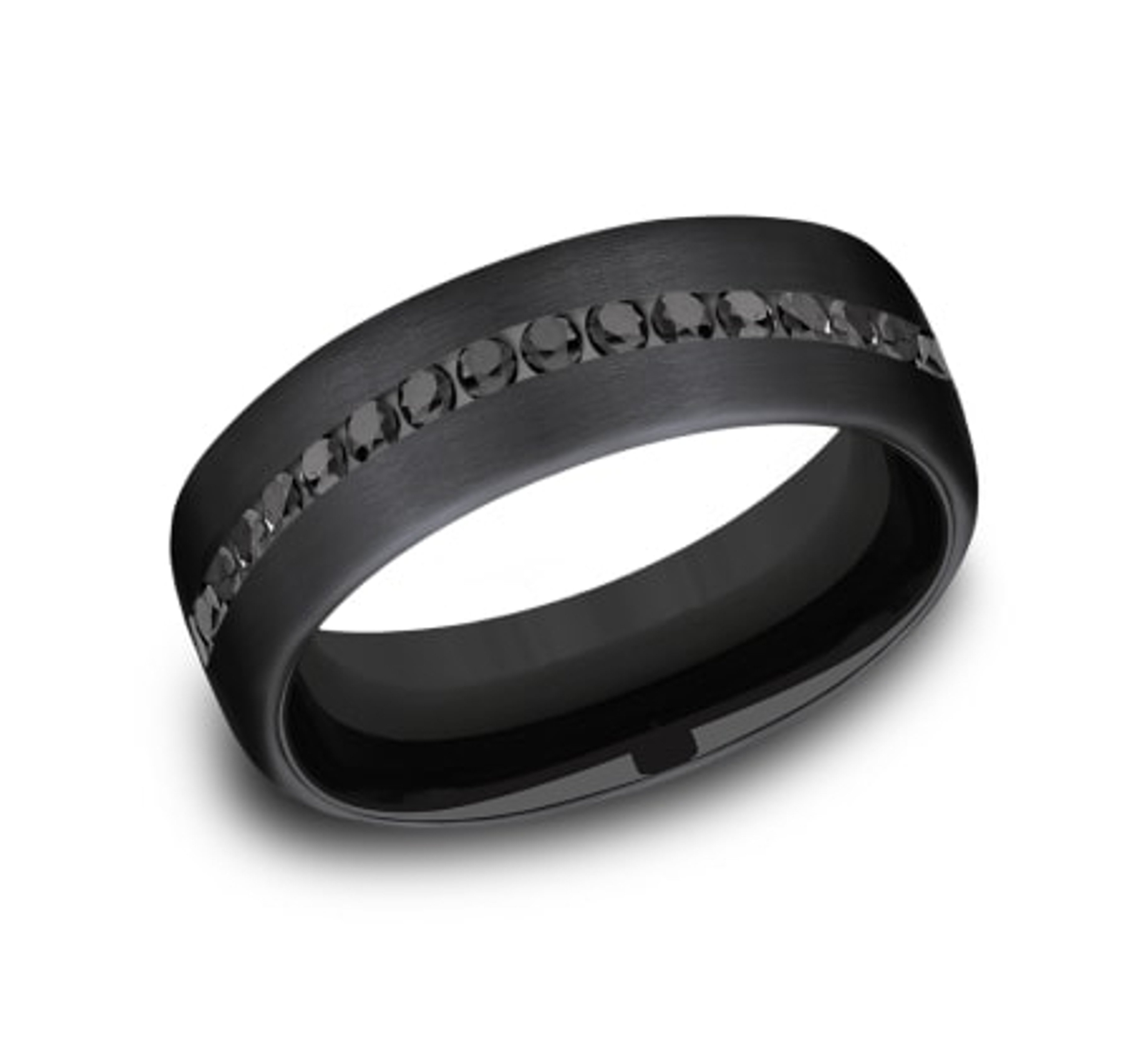 black titanium wedding ring with channel-set black diamonds and satin finish