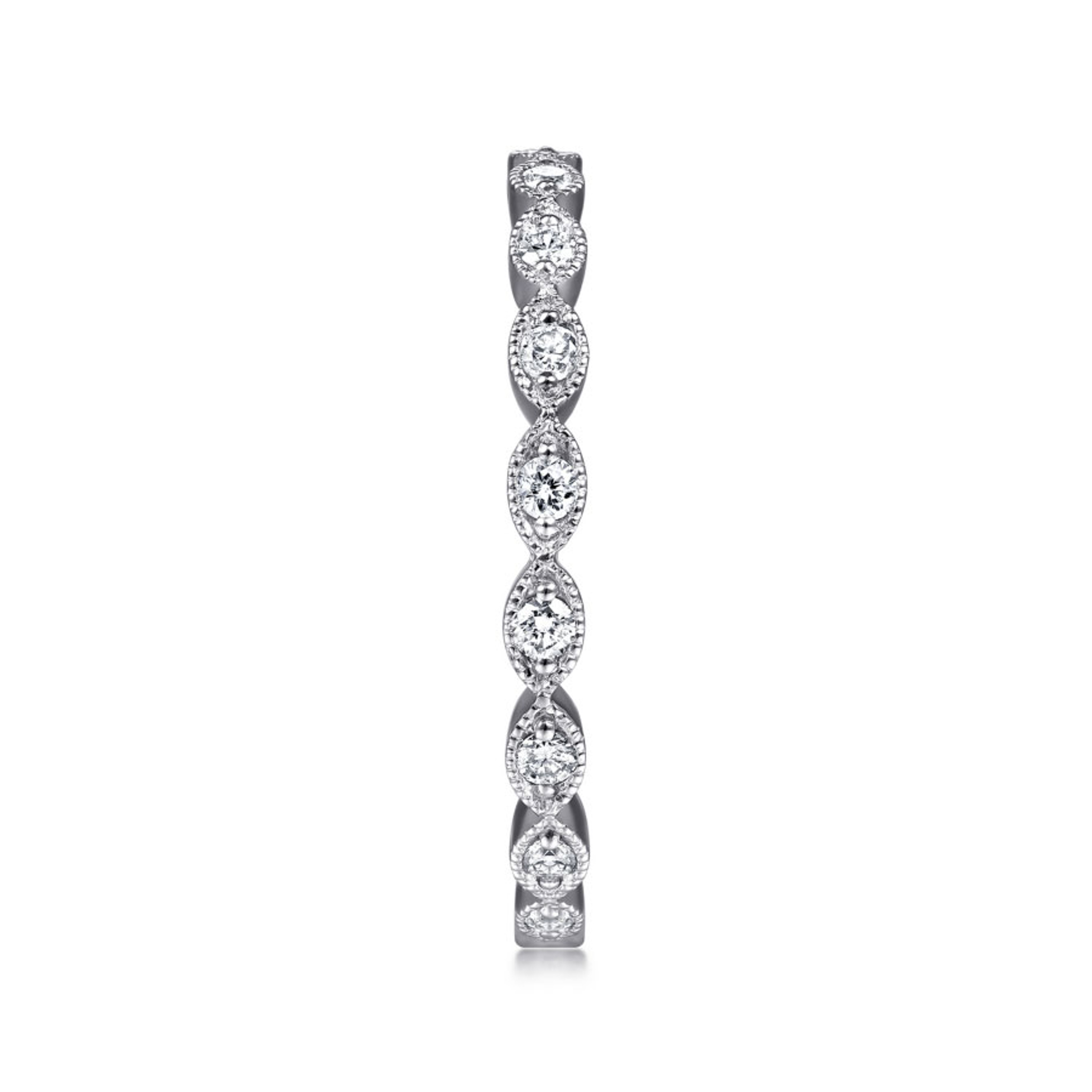 14K gold diamond eternity ring with marquise shaped frame and milgrain detailing