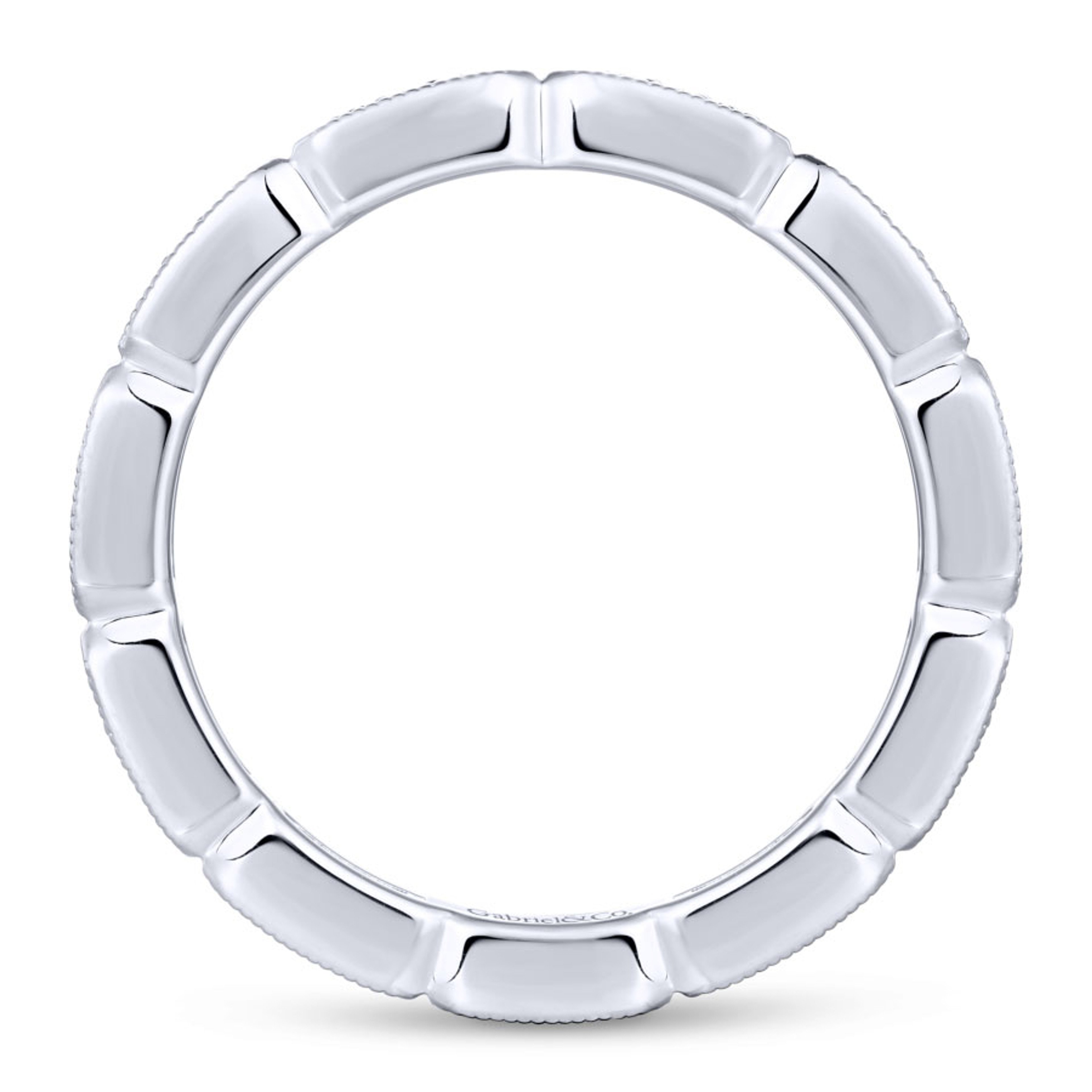 14K gold eternity ring with trios of diamonds in rectangular blocks