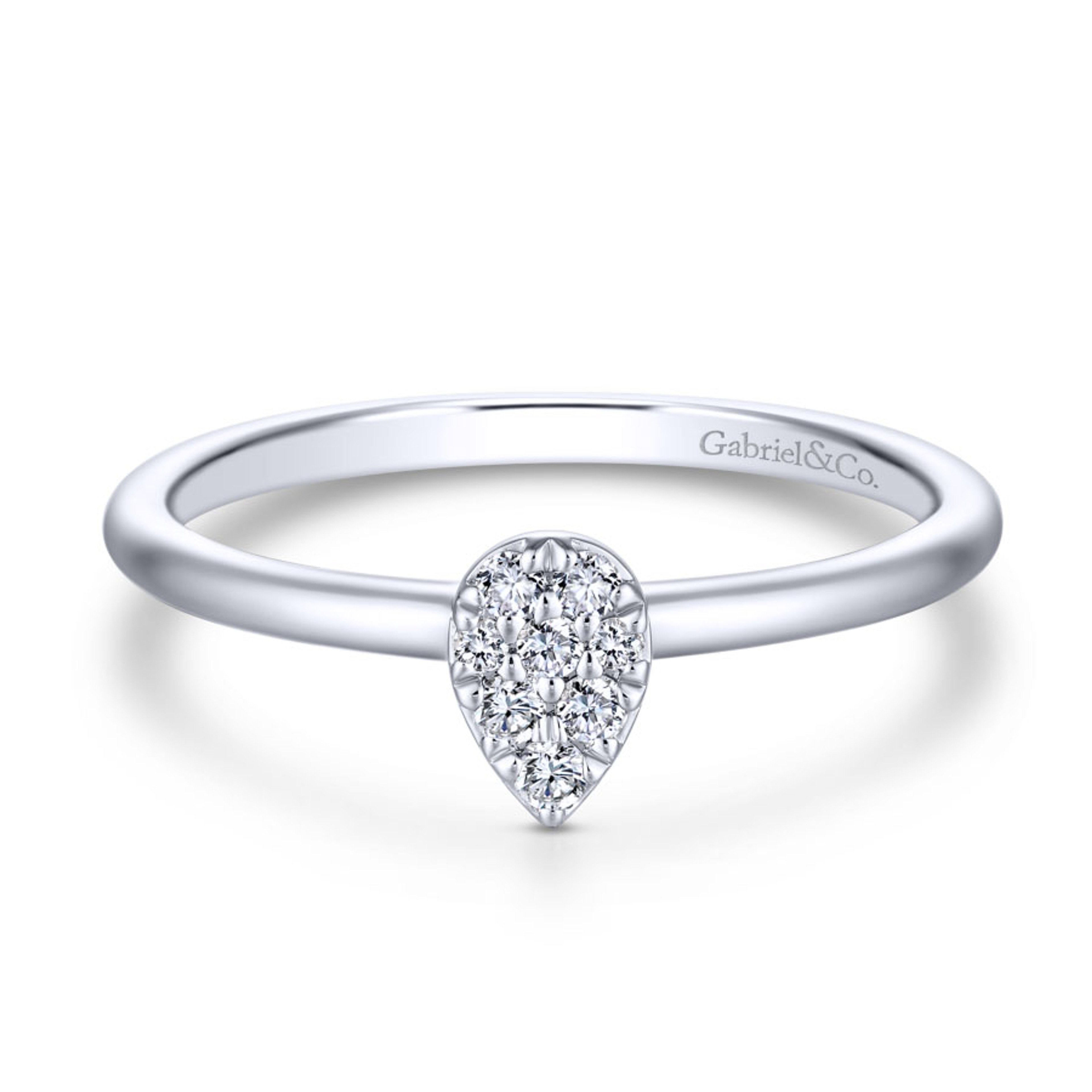 14K gold ring with pave diamonds forming a teardrop shape
