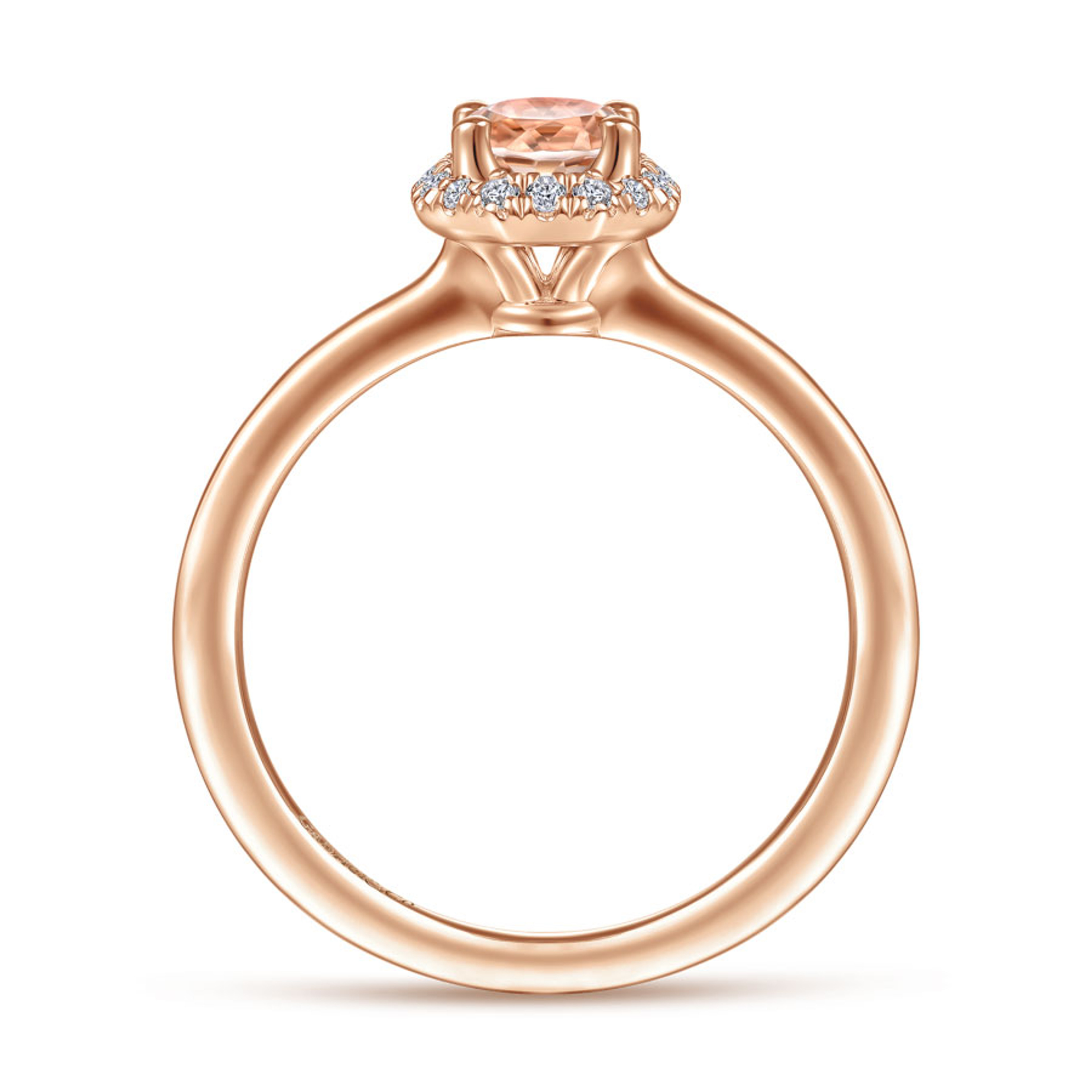 14K rose gold ring with morganite center stone and octongon shaped diamond halo