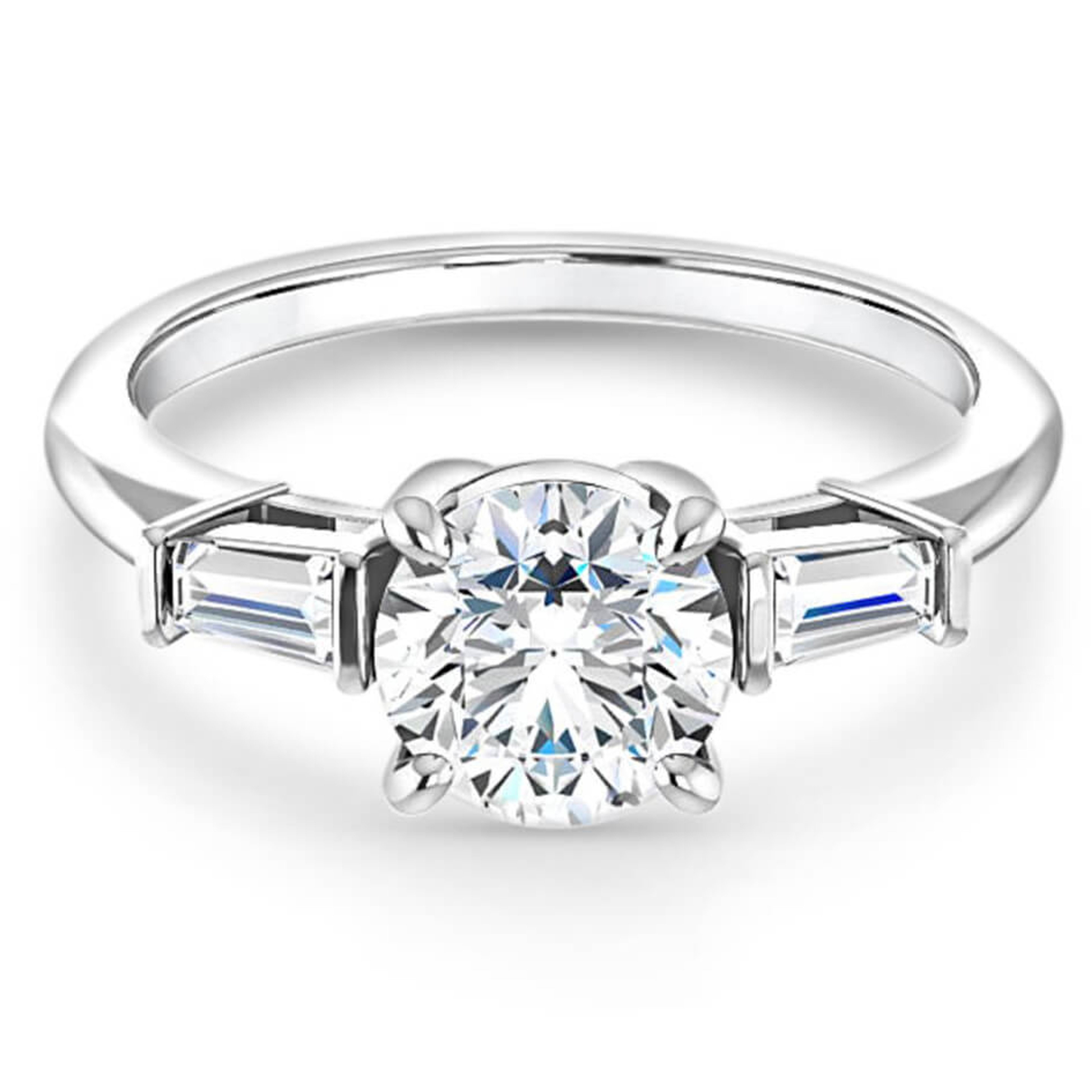 three stone engagement ring with tapered baguette diamond accent stones