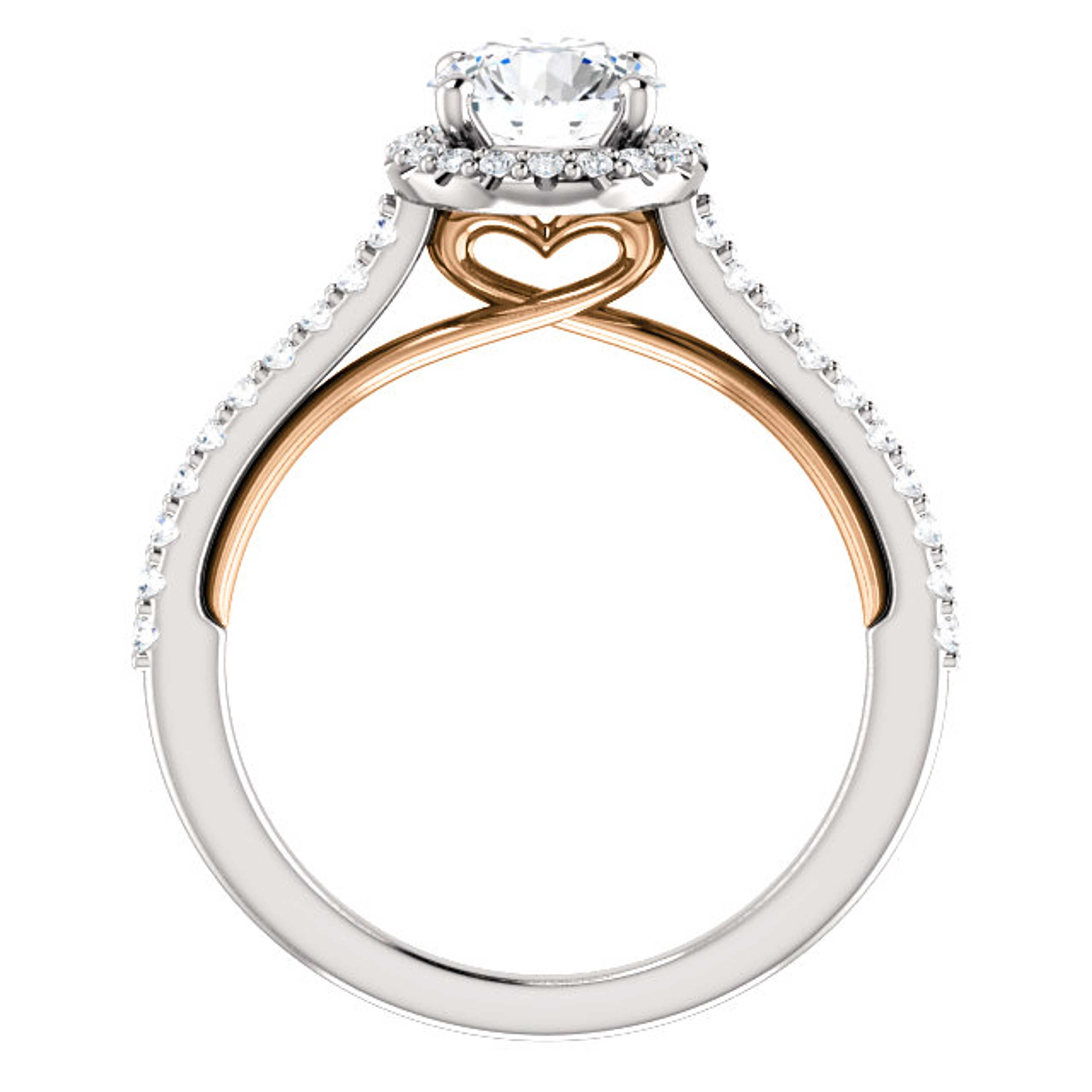 engagement ring with diamond halo and diamond accented band with 14K rose gold heart detailing