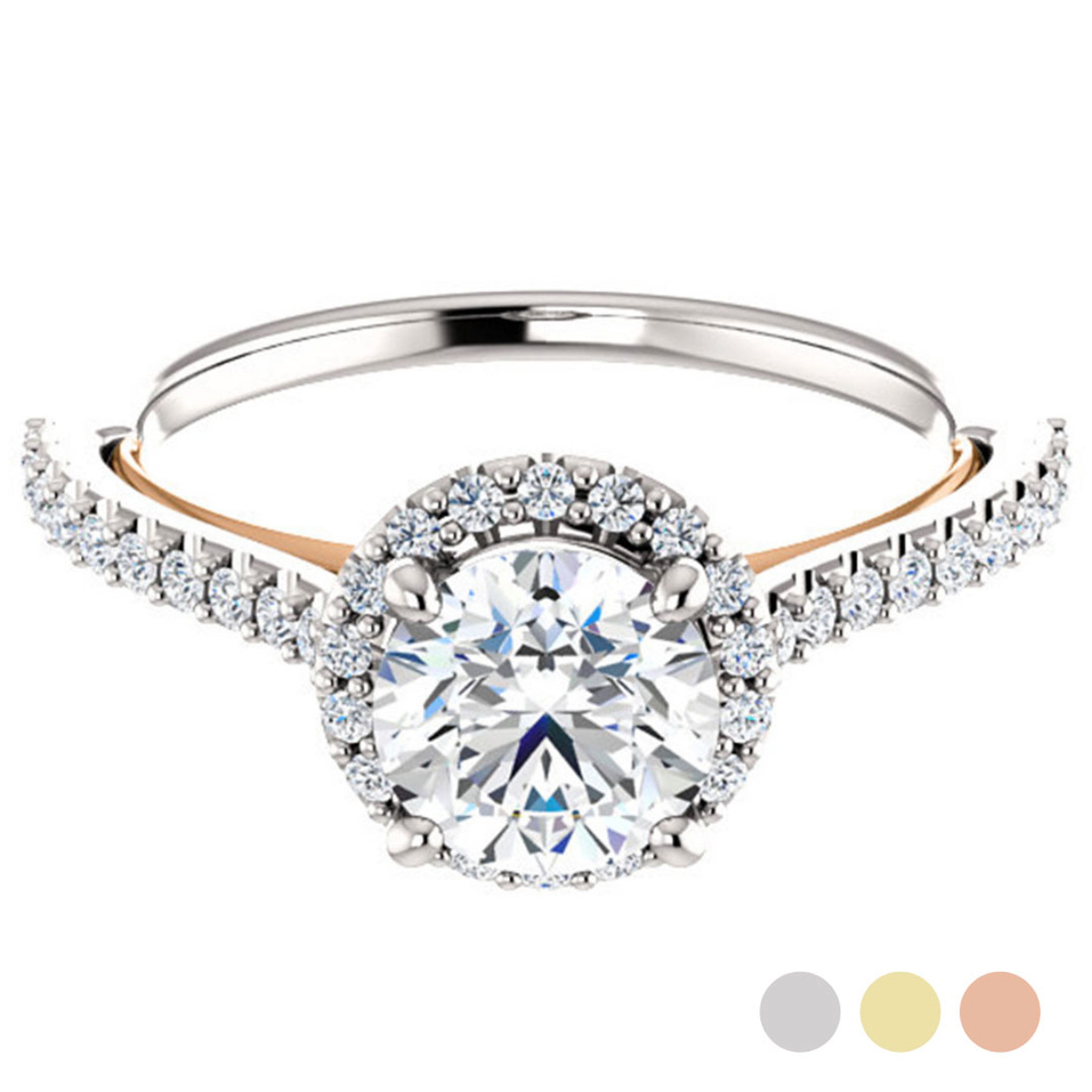 engagement ring with diamond halo and diamond accented band with 14K rose gold heart detailing