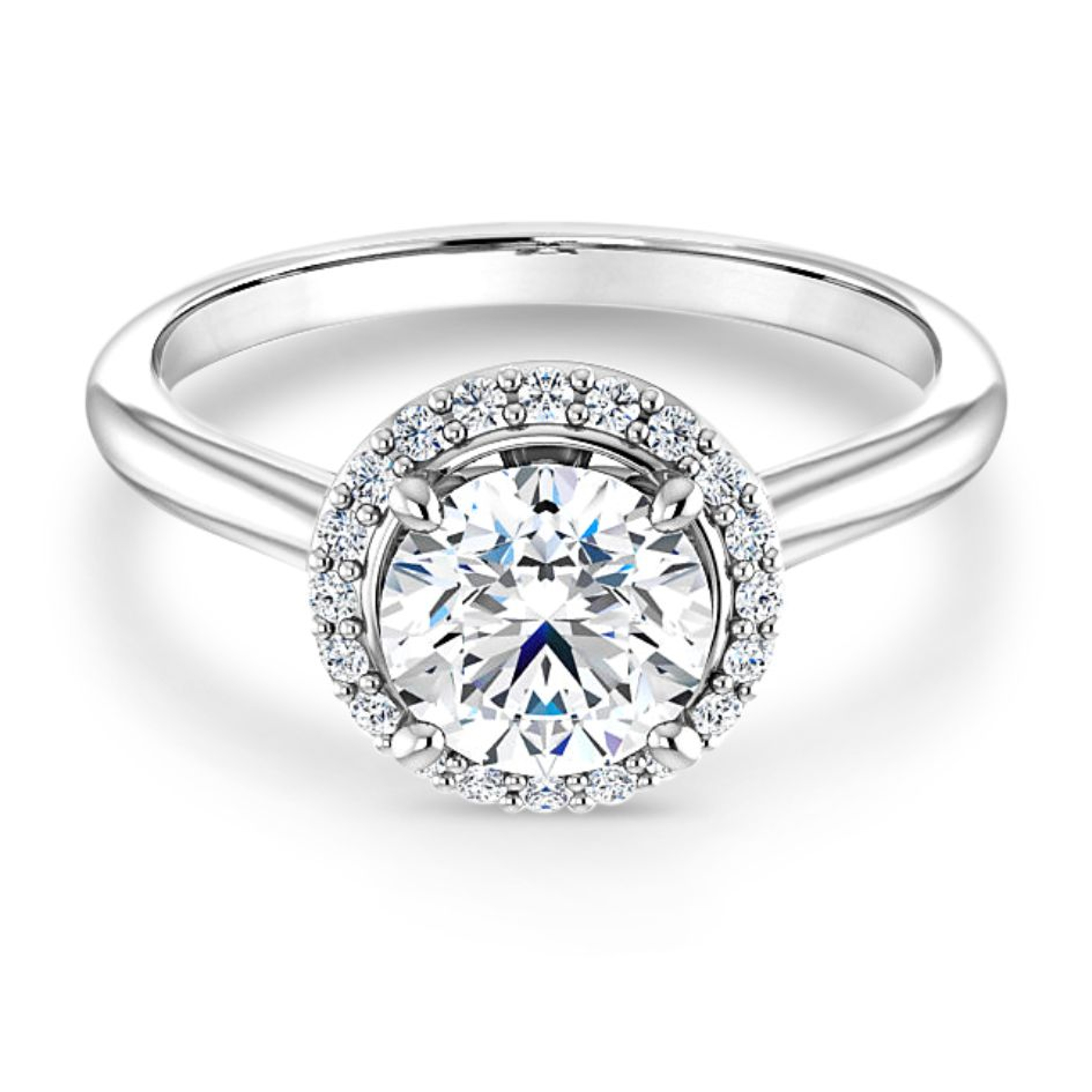 halo engagement ring with plain band and hidden diamond detail