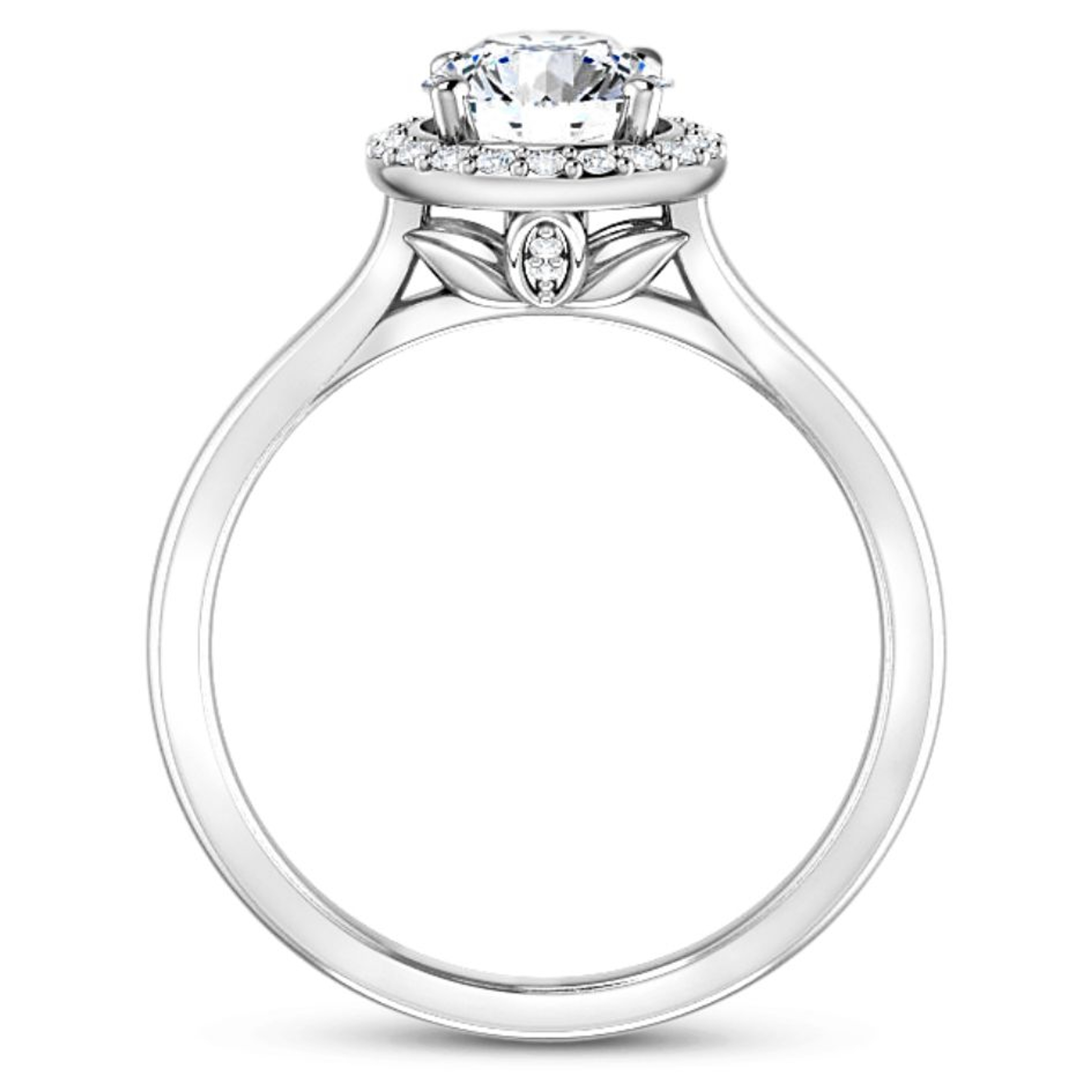 halo engagement ring with plain band and hidden diamond detail