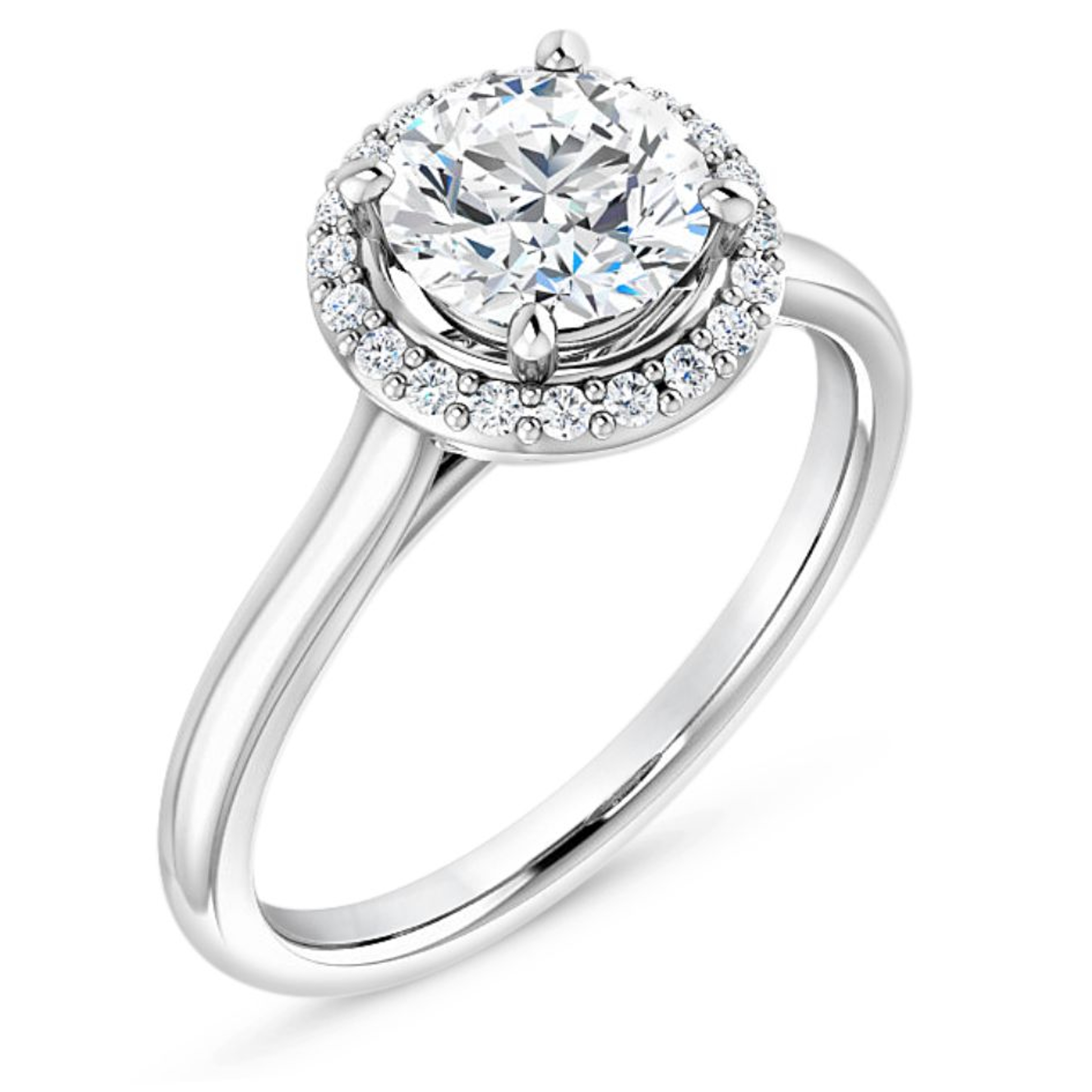 halo engagement ring with plain band and hidden diamond detail