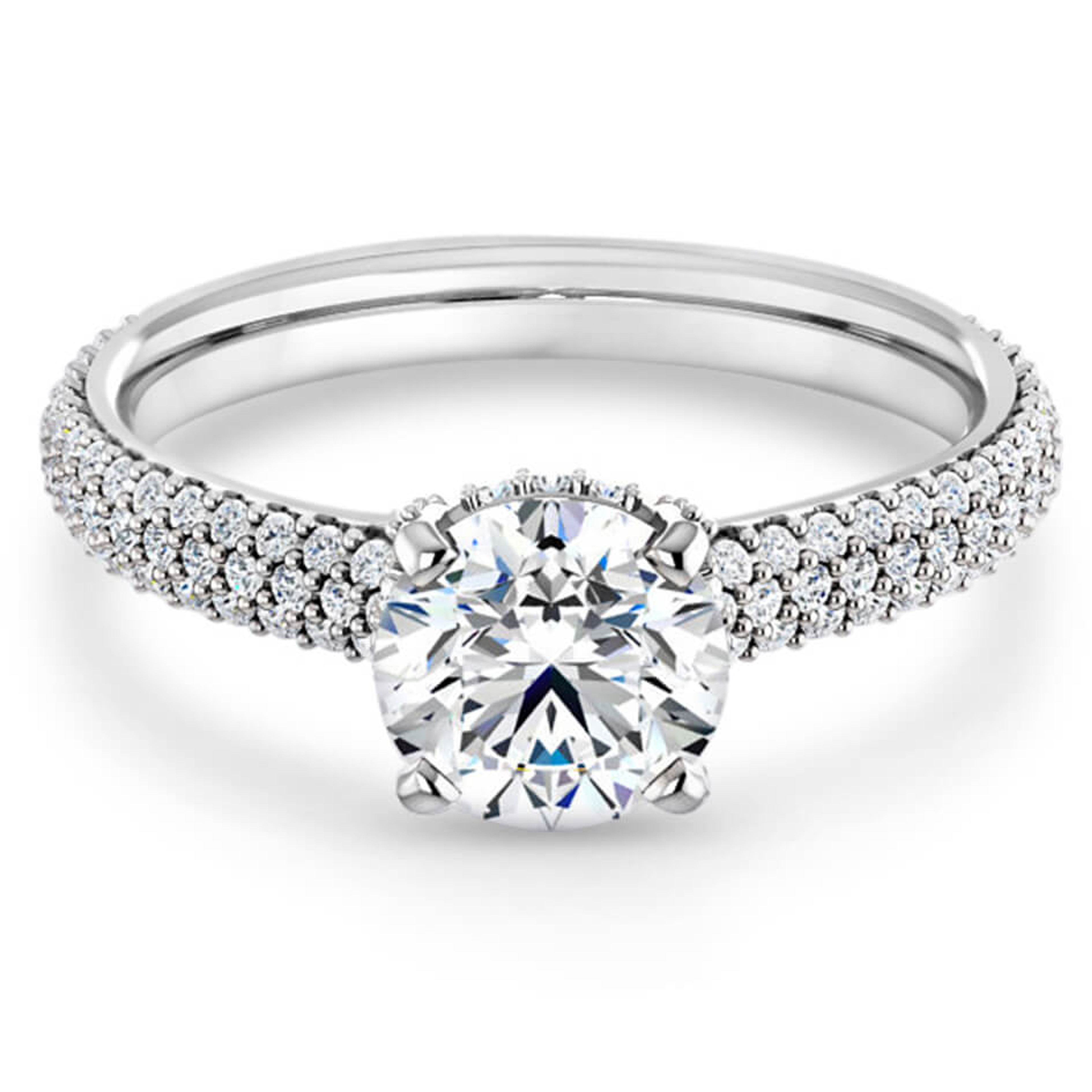 straight engagement ring with 3 rows of micropave diamonds and a hidden halo of diamonds on a diamond accented band