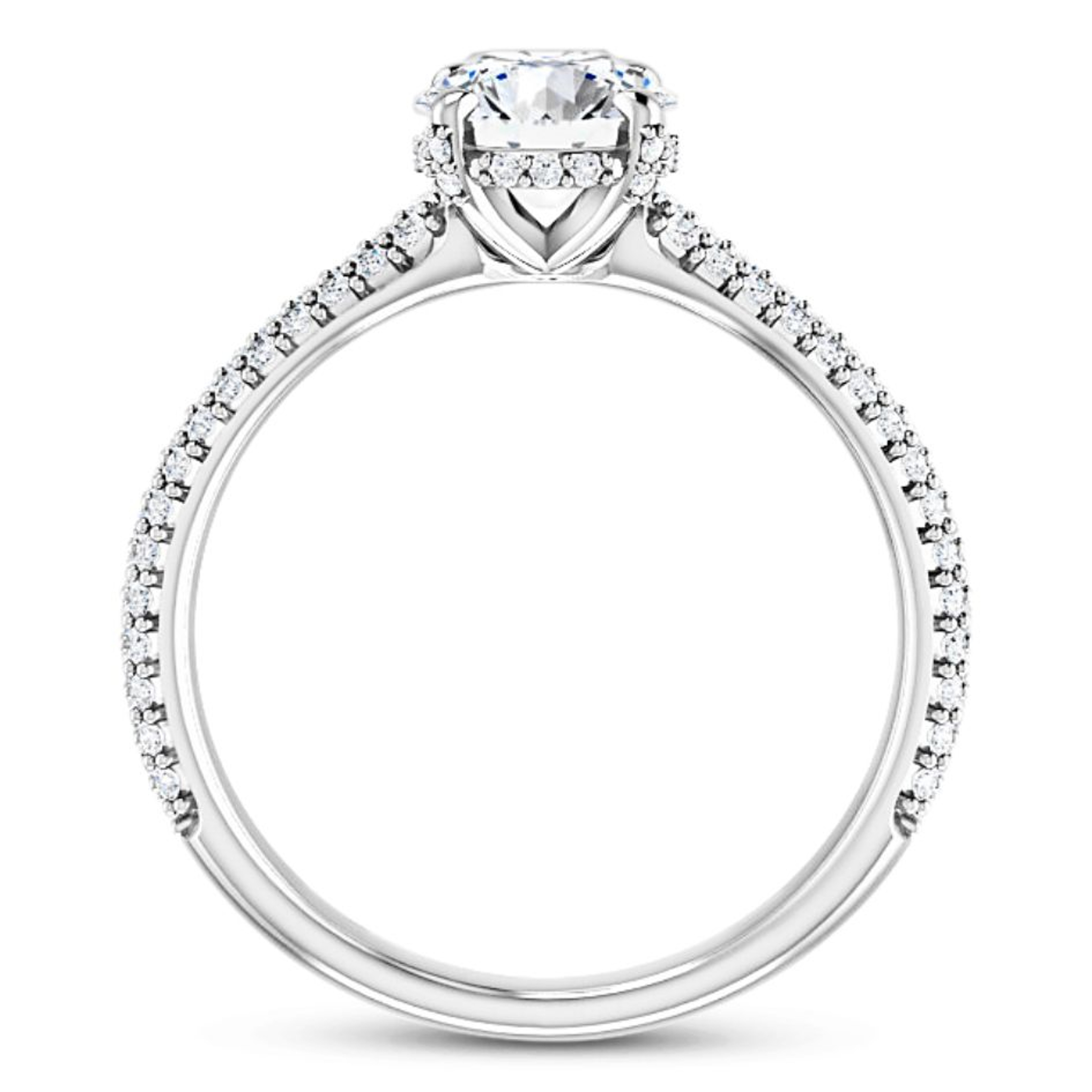straight engagement ring with 3 rows of micropave diamonds and a hidden halo of diamonds on a diamond accented band