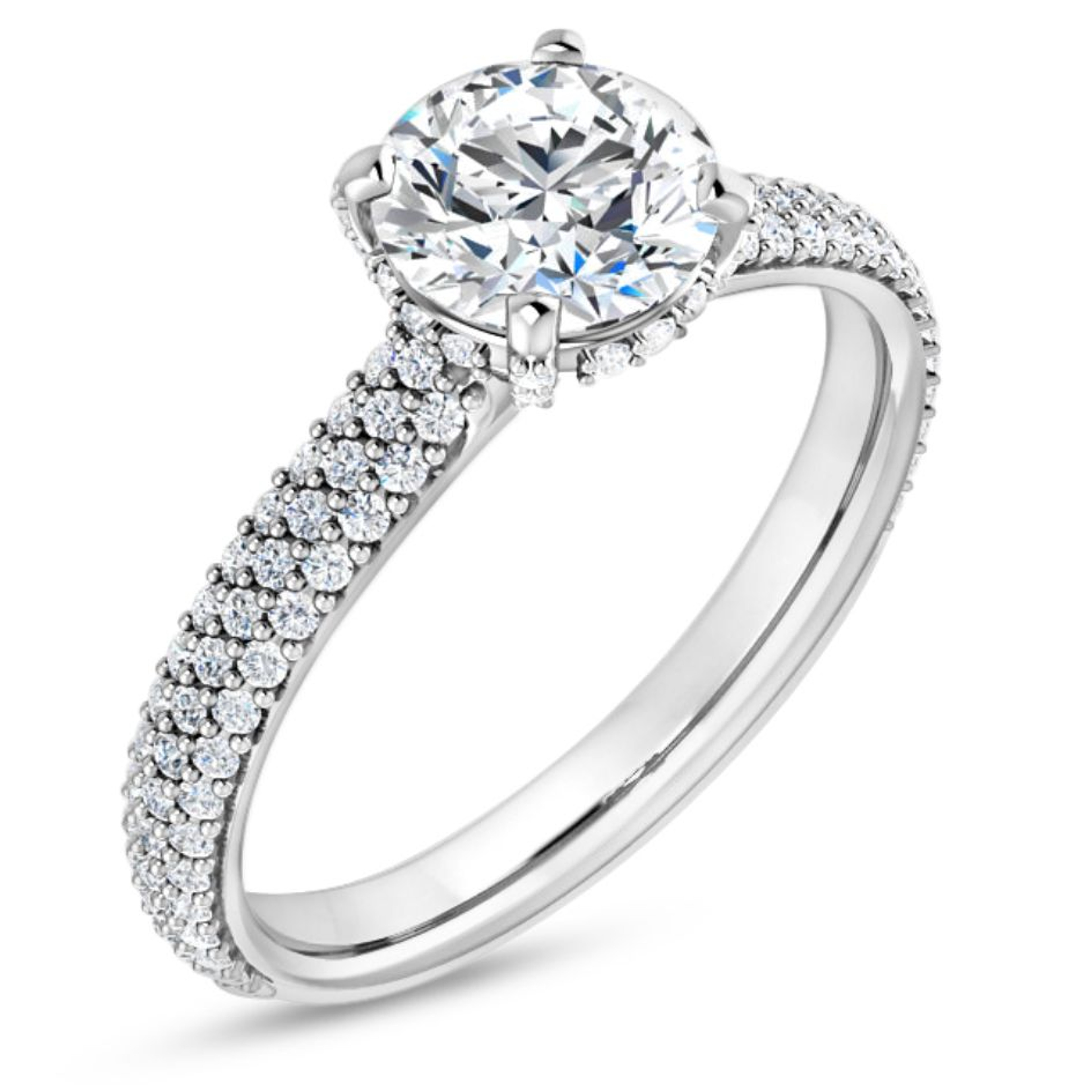 straight engagement ring with 3 rows of micropave diamonds and a hidden halo of diamonds on a diamond accented band