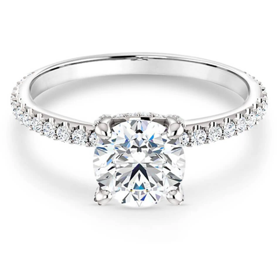 straight engagement ring with diamond accented band and hidden halo of diamonds