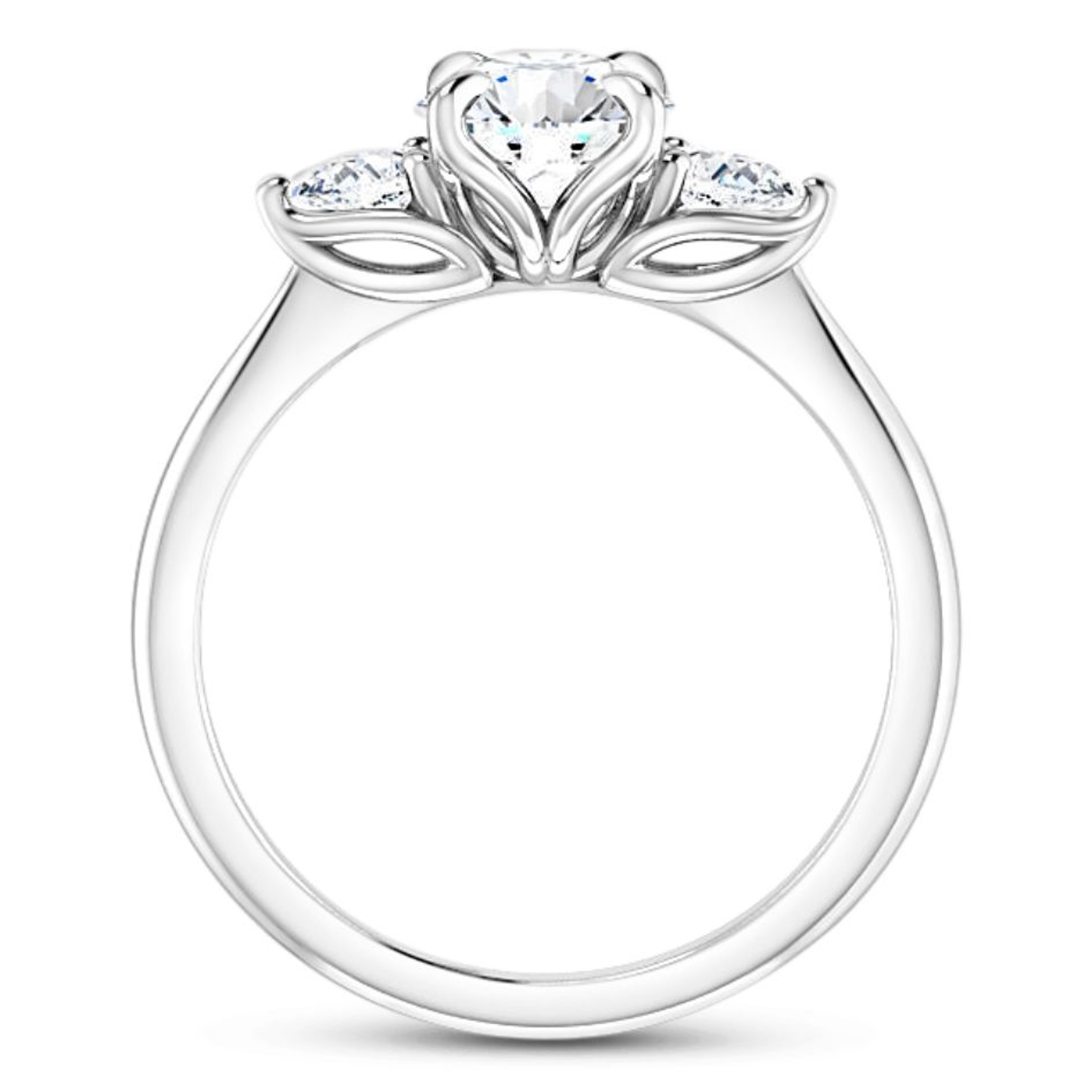 three-stone engagement ring with polished band and pear-shaped diamond accent stones