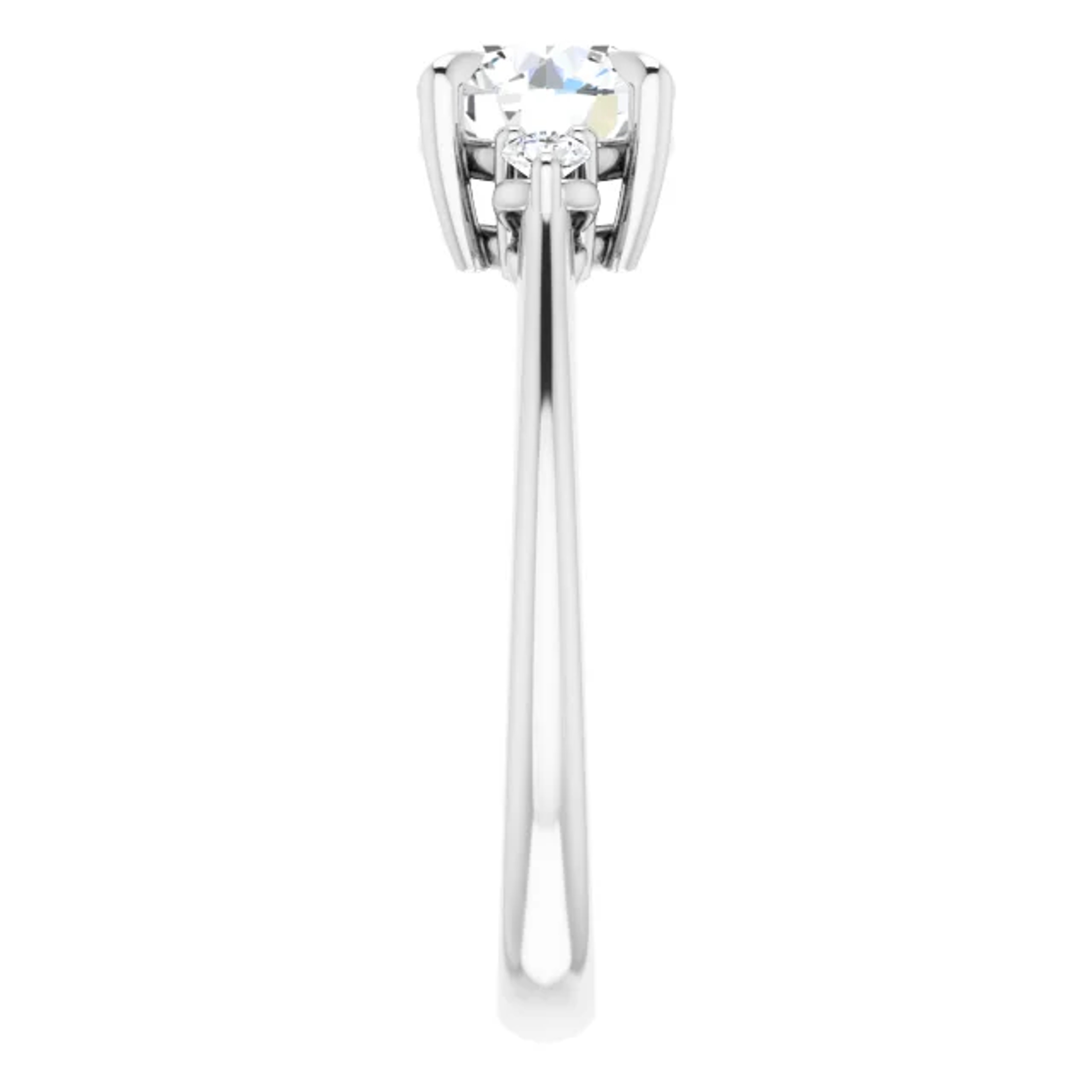 three-stone engagement ring with round accent stones and polished band