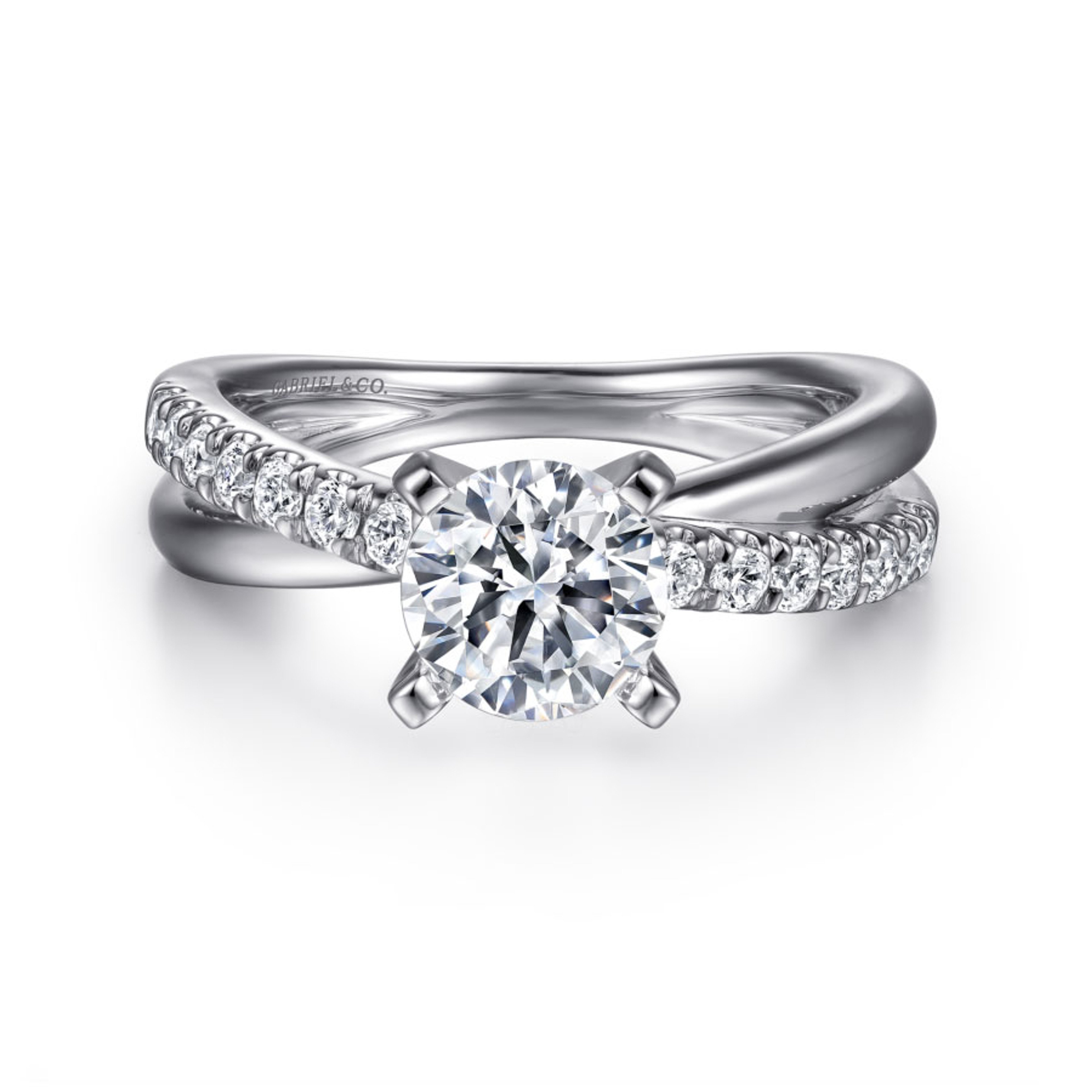 14K gold engagement ring with criss cross diamond encrusted band