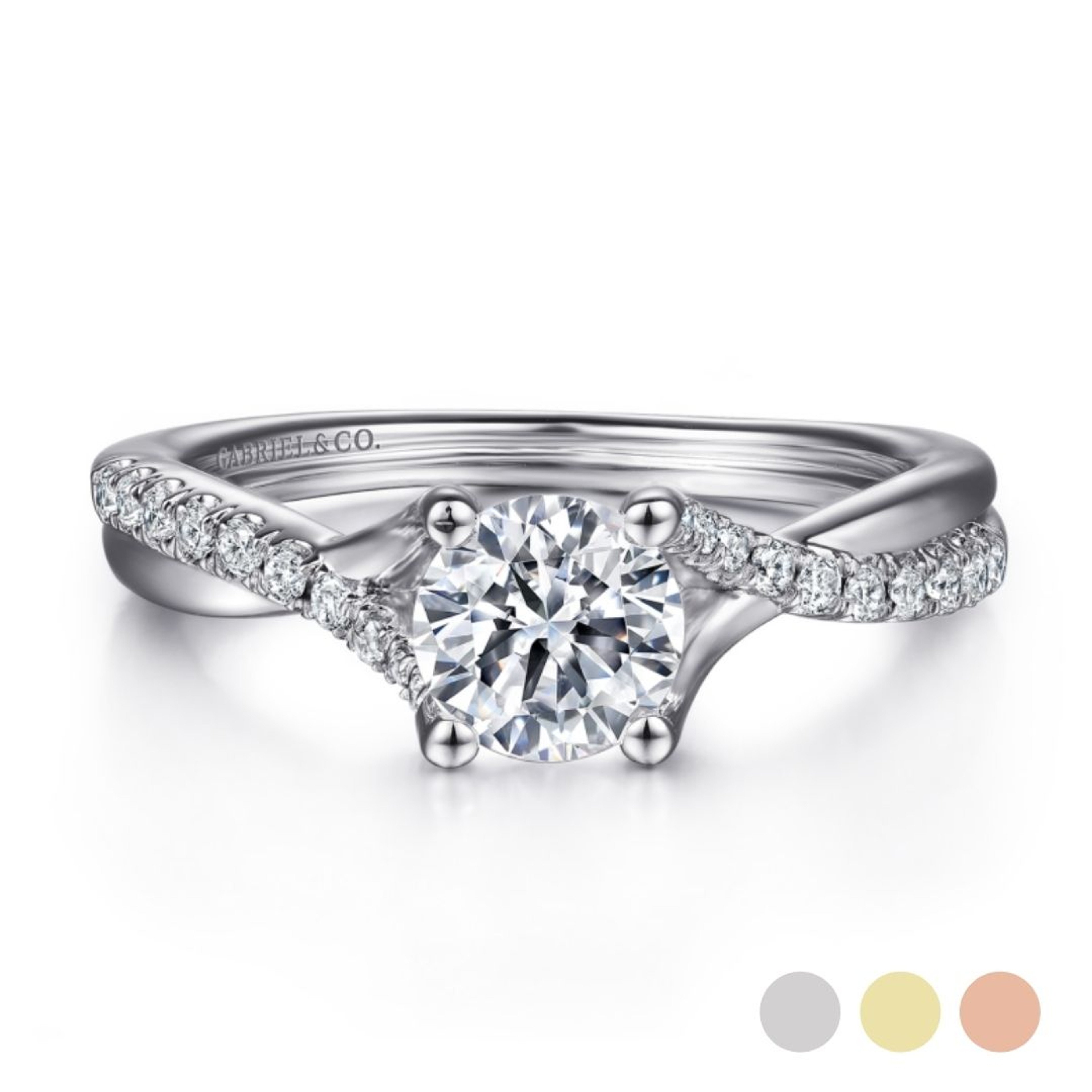 14K gold criss cross engagement ring with split shank of diamond encrusted band
