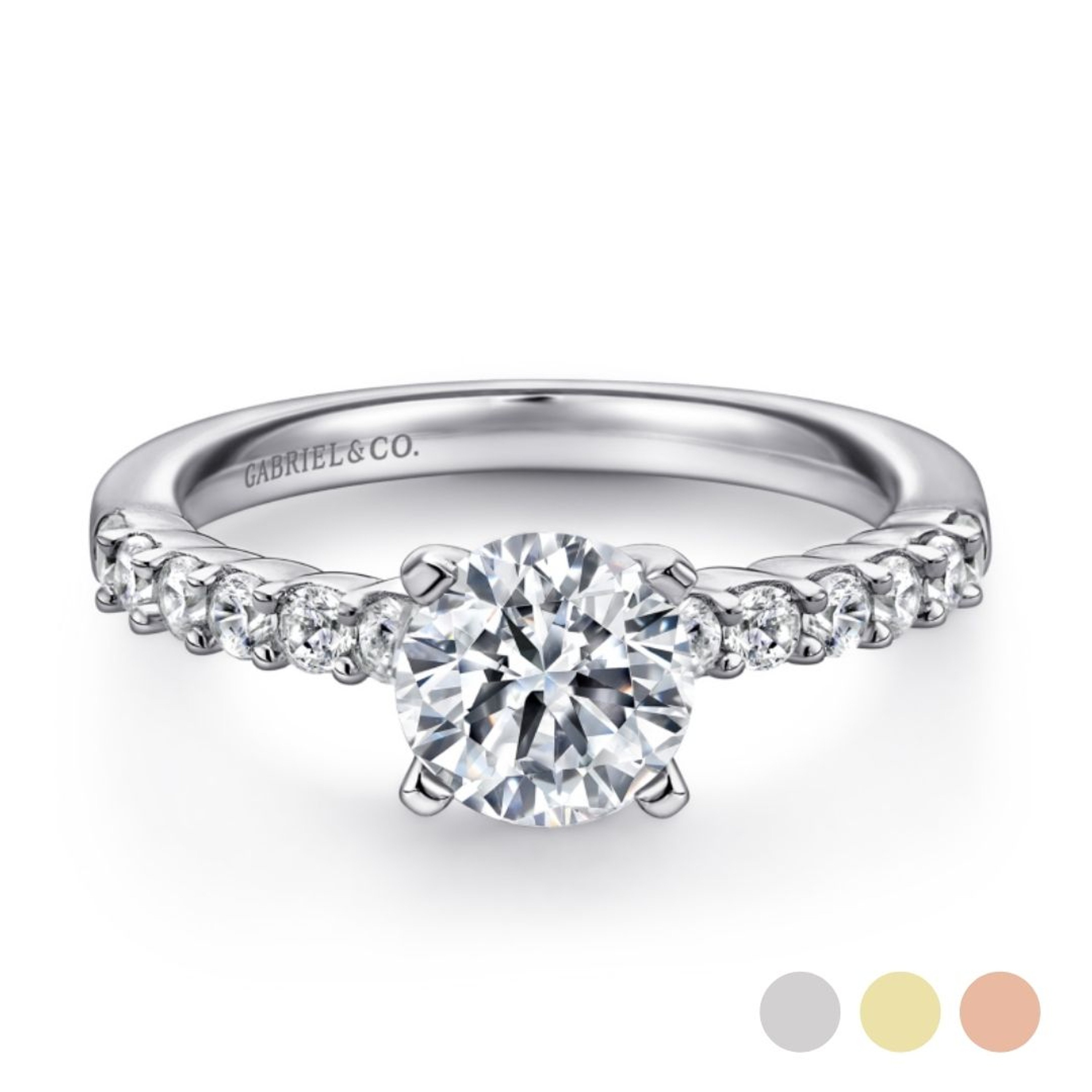 14K gold straight engagement ring with diamond encrusted band