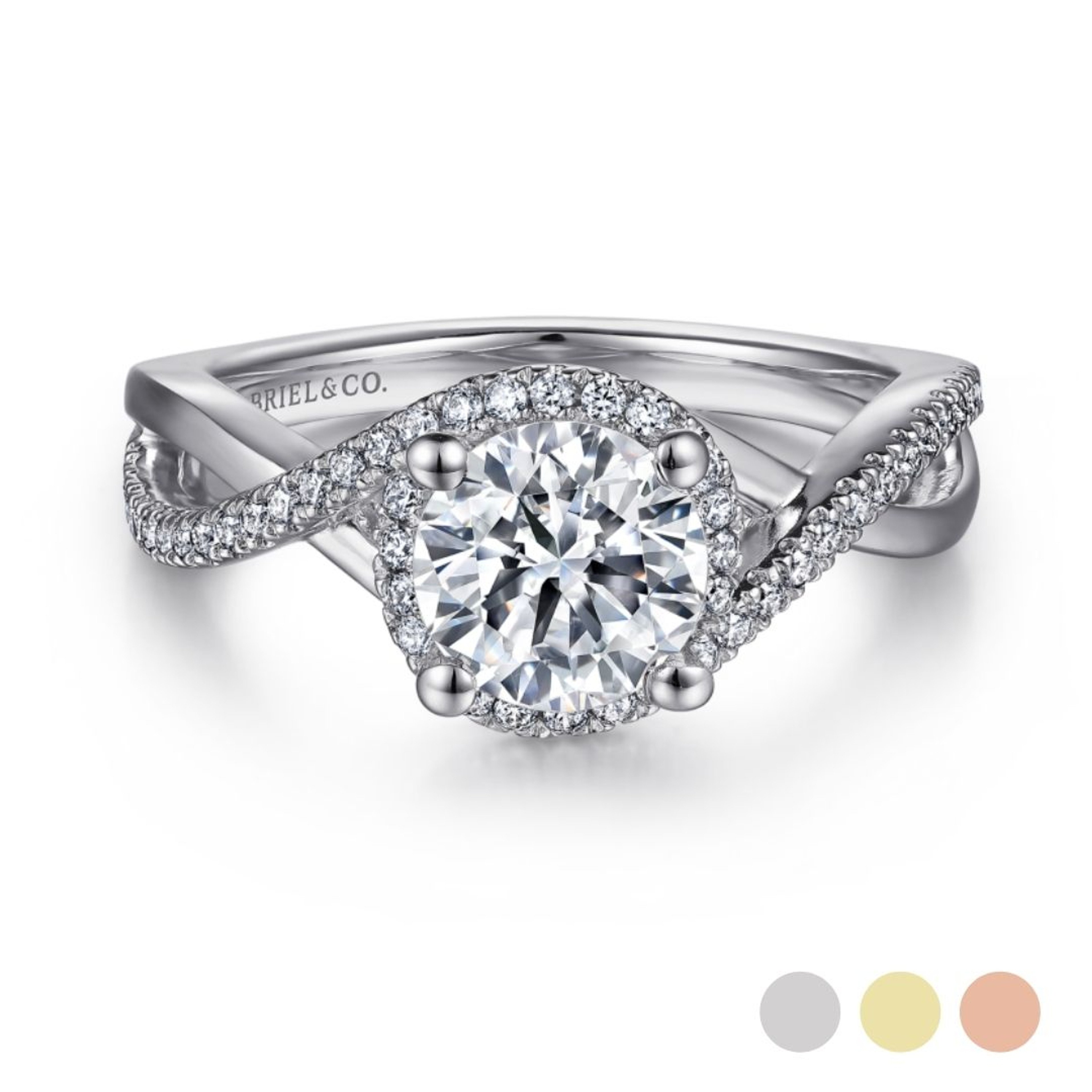 14K gold halo engagement ring with diamond encrusted criss cross band