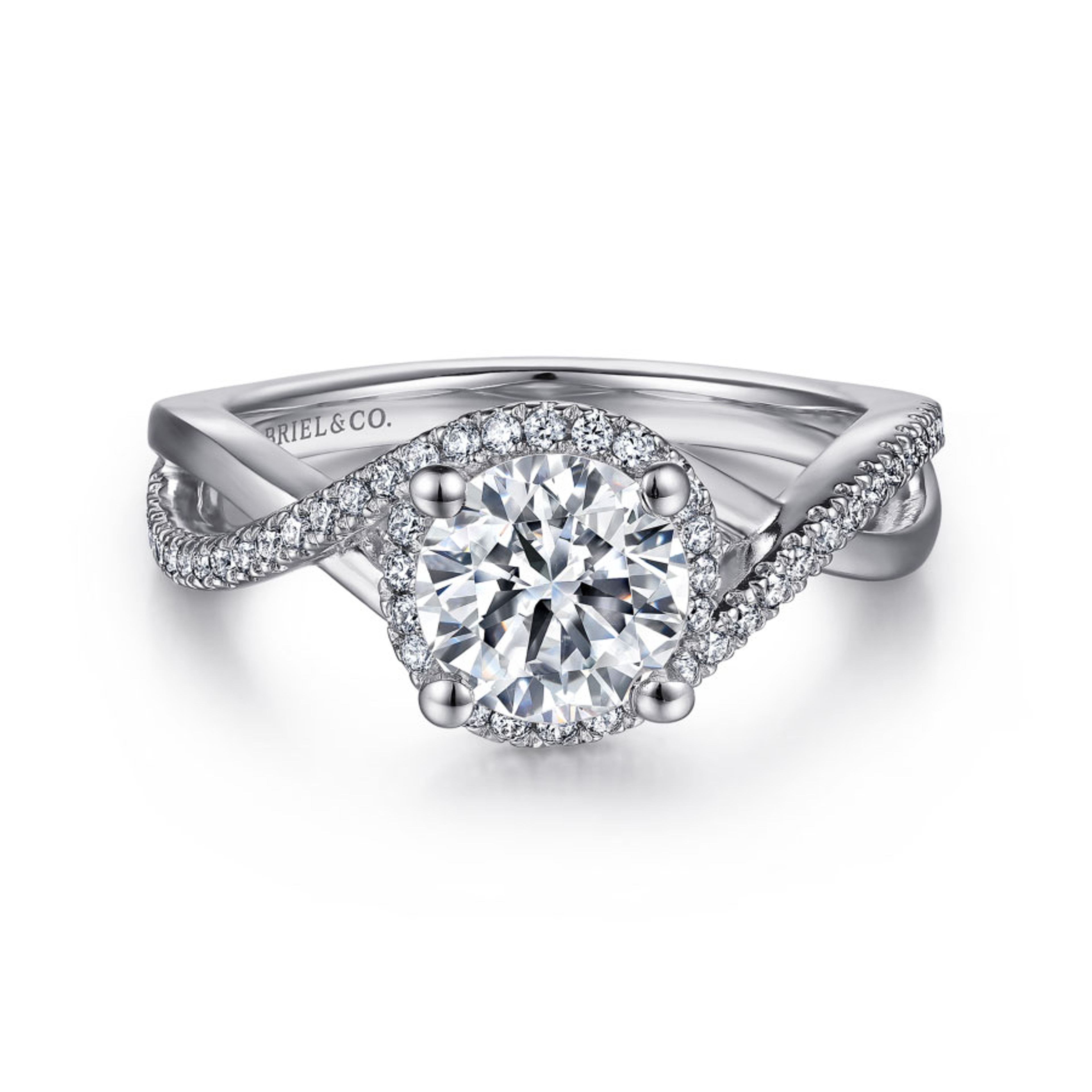 14K gold halo engagement ring with diamond encrusted criss cross band