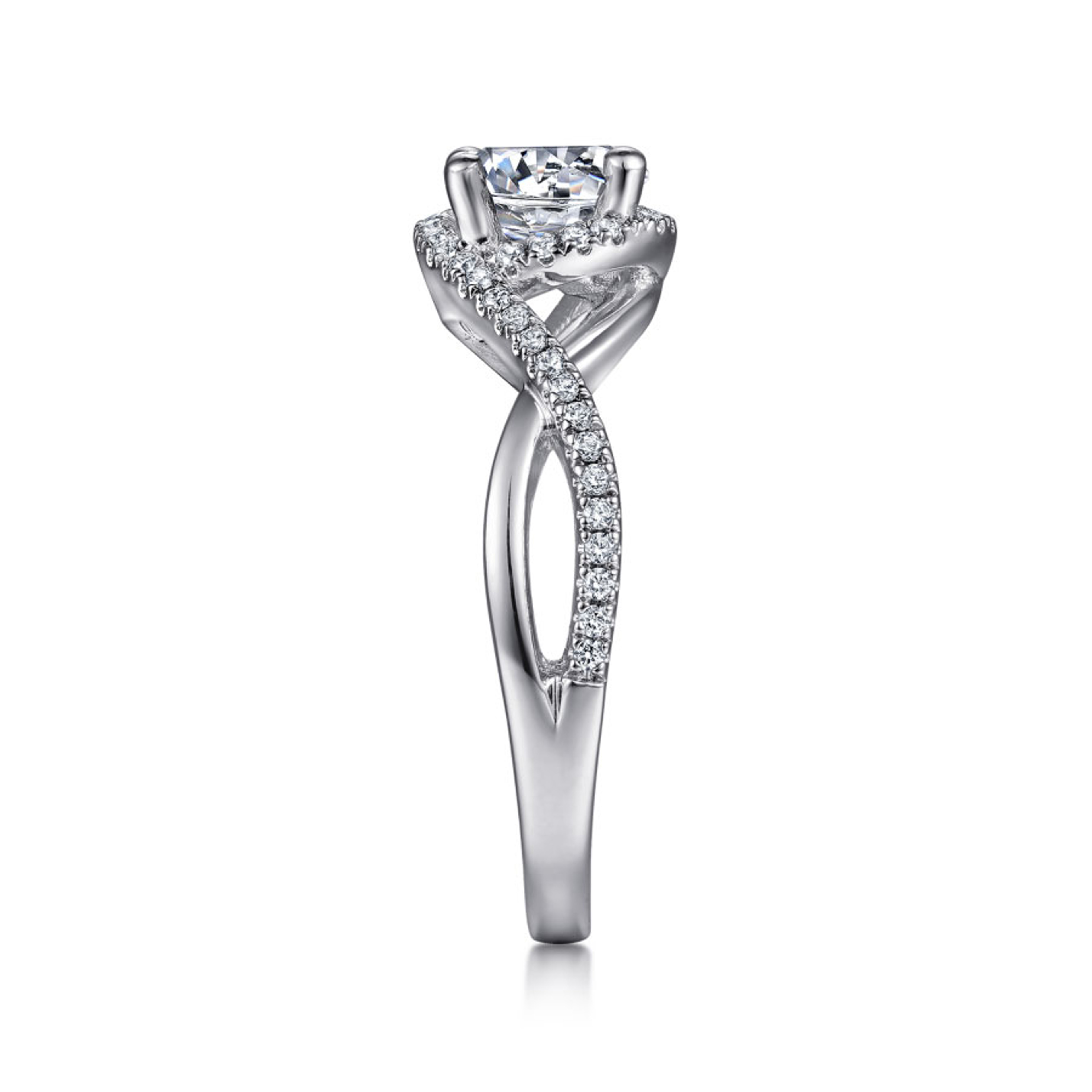 14K gold halo engagement ring with diamond encrusted criss cross band