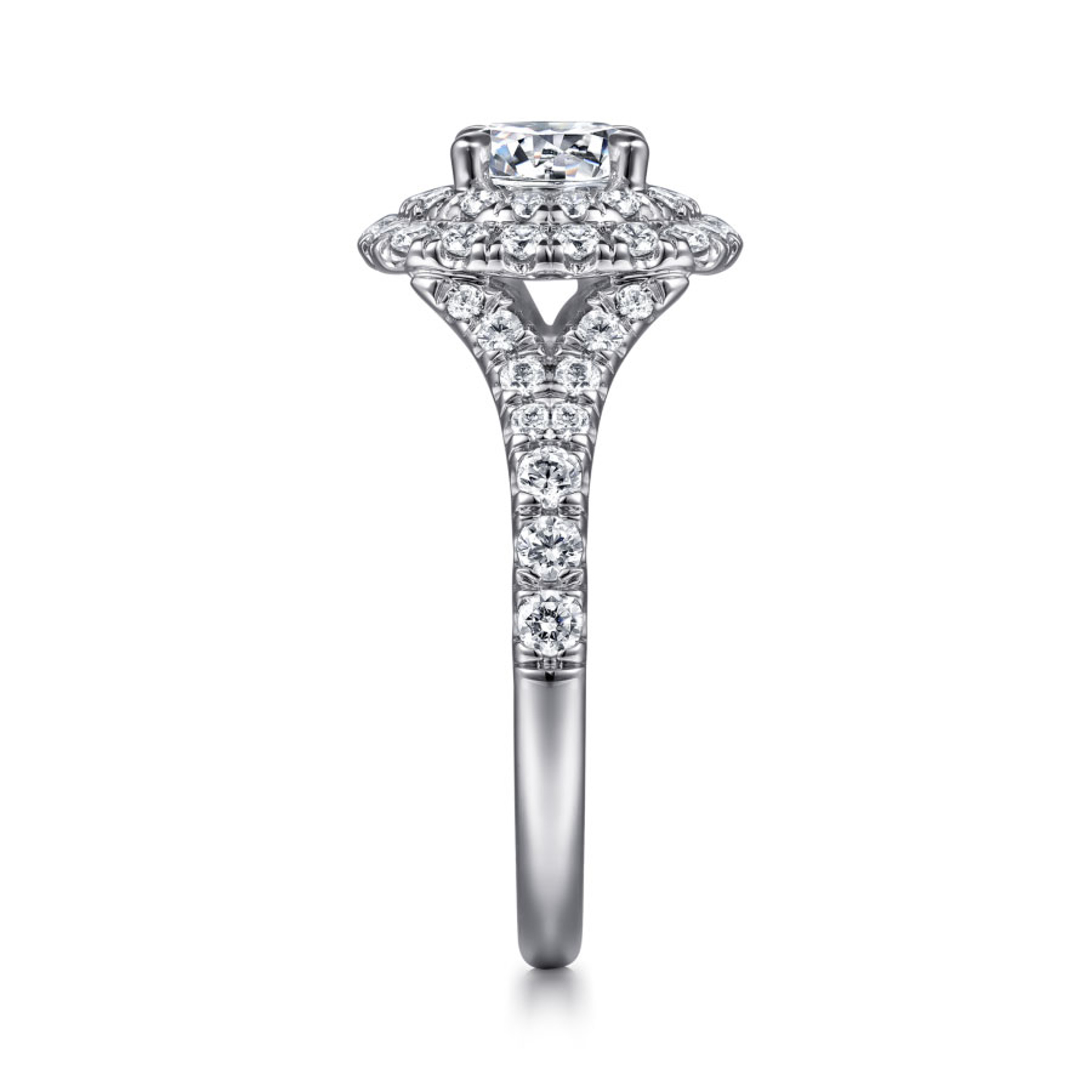 14K gold double diamond halo engagement ring with diamond encrusted band