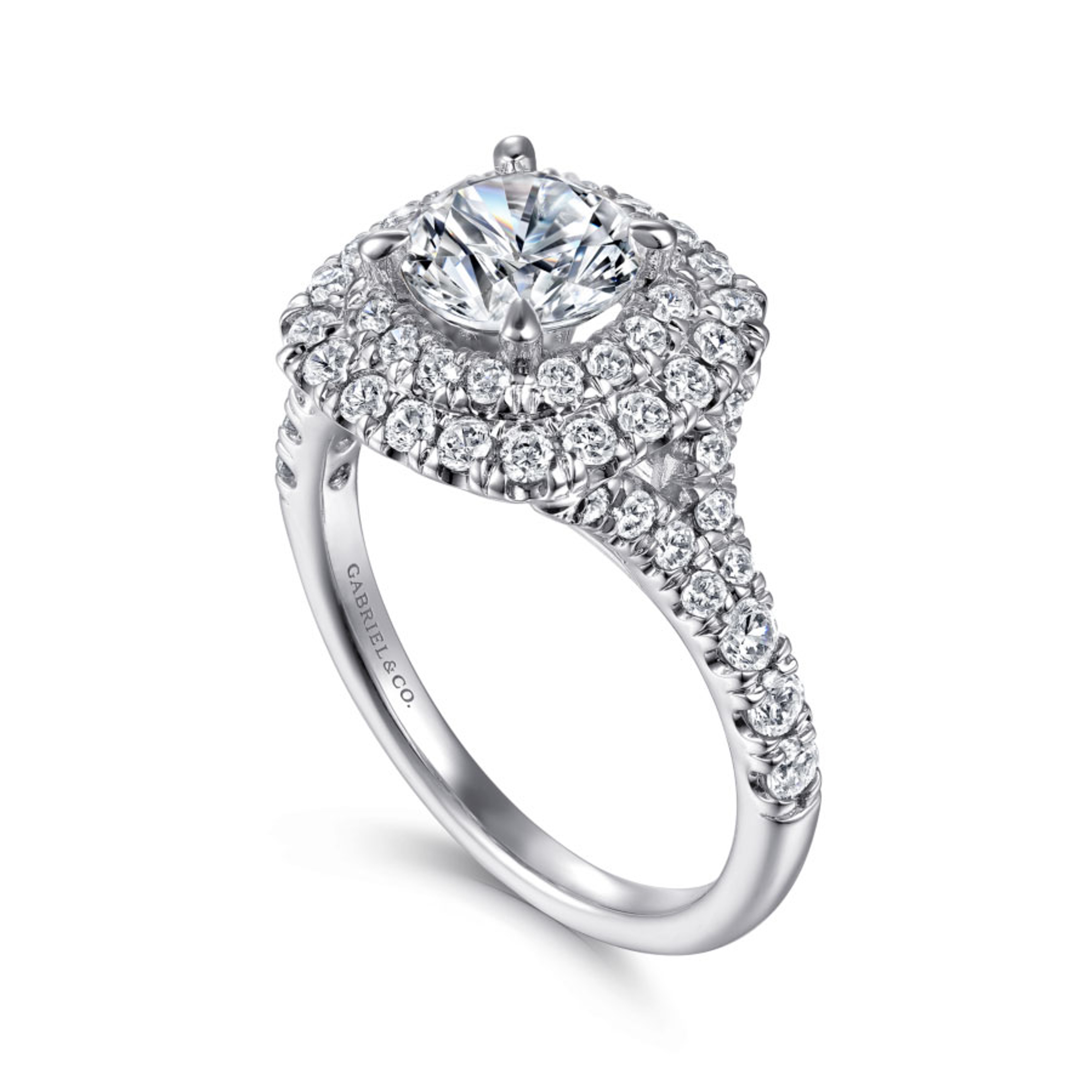 14K gold double diamond halo engagement ring with diamond encrusted band