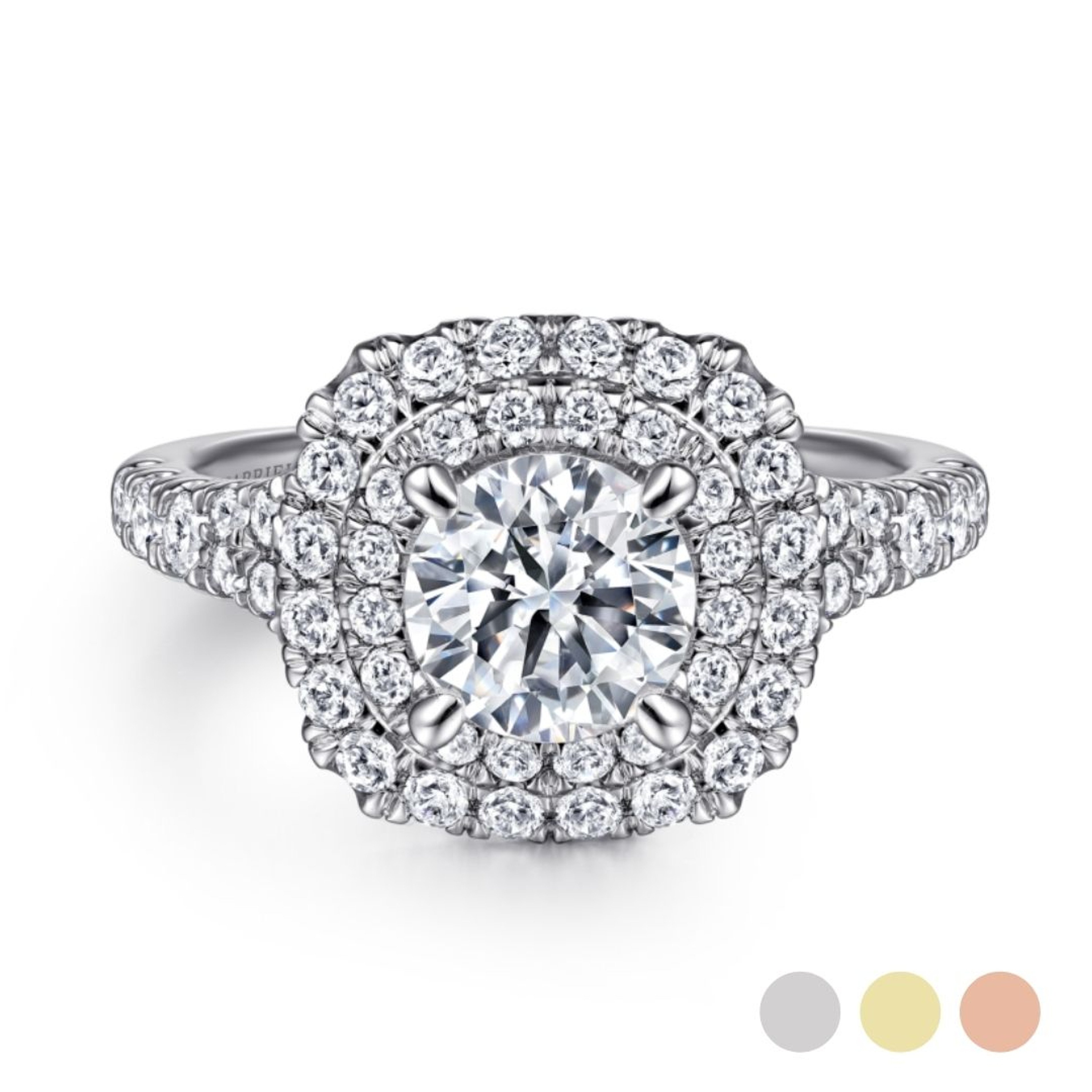 14K gold double diamond halo engagement ring with diamond encrusted band