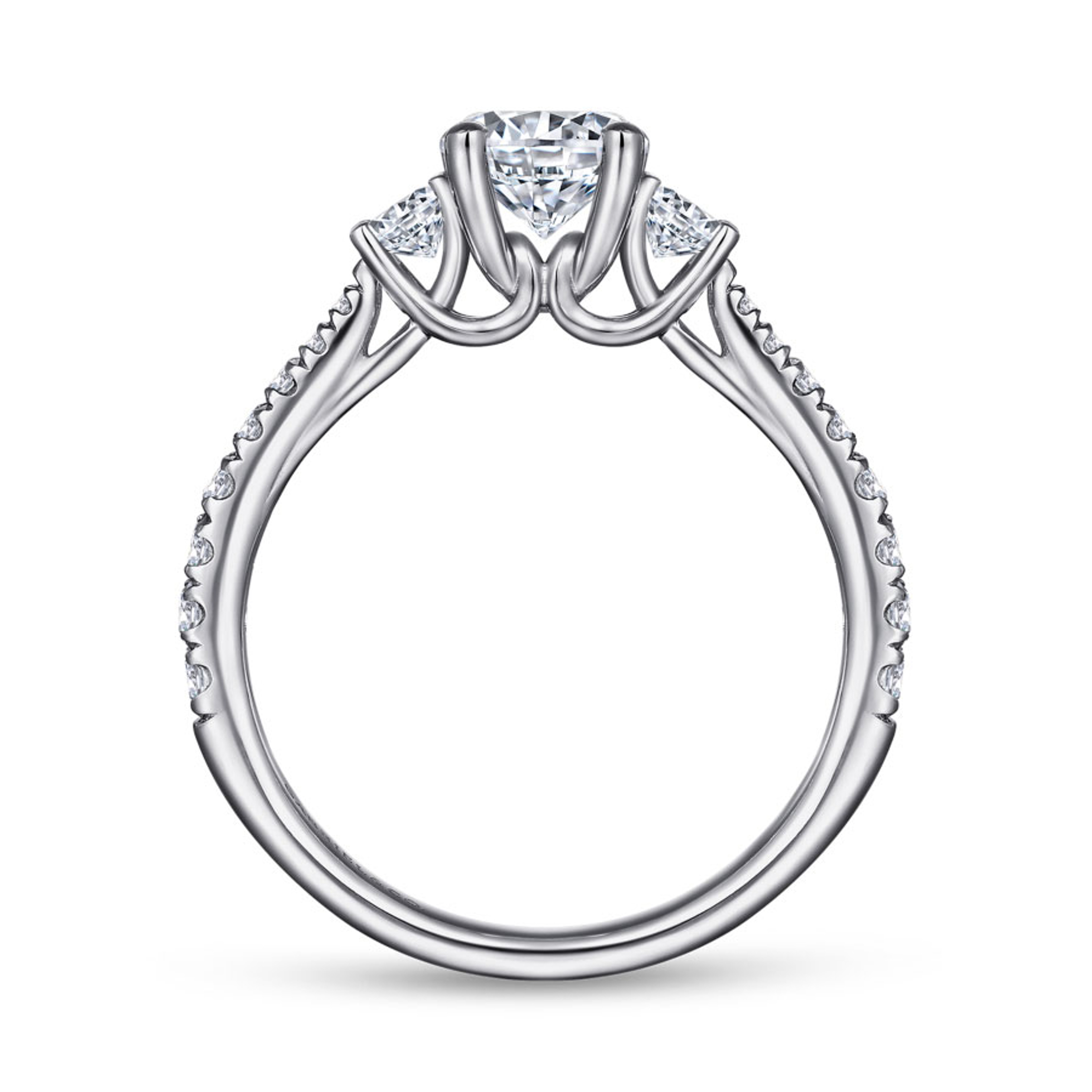 14K gold three stone engagement ring with diamond accents and diamond encrusted band