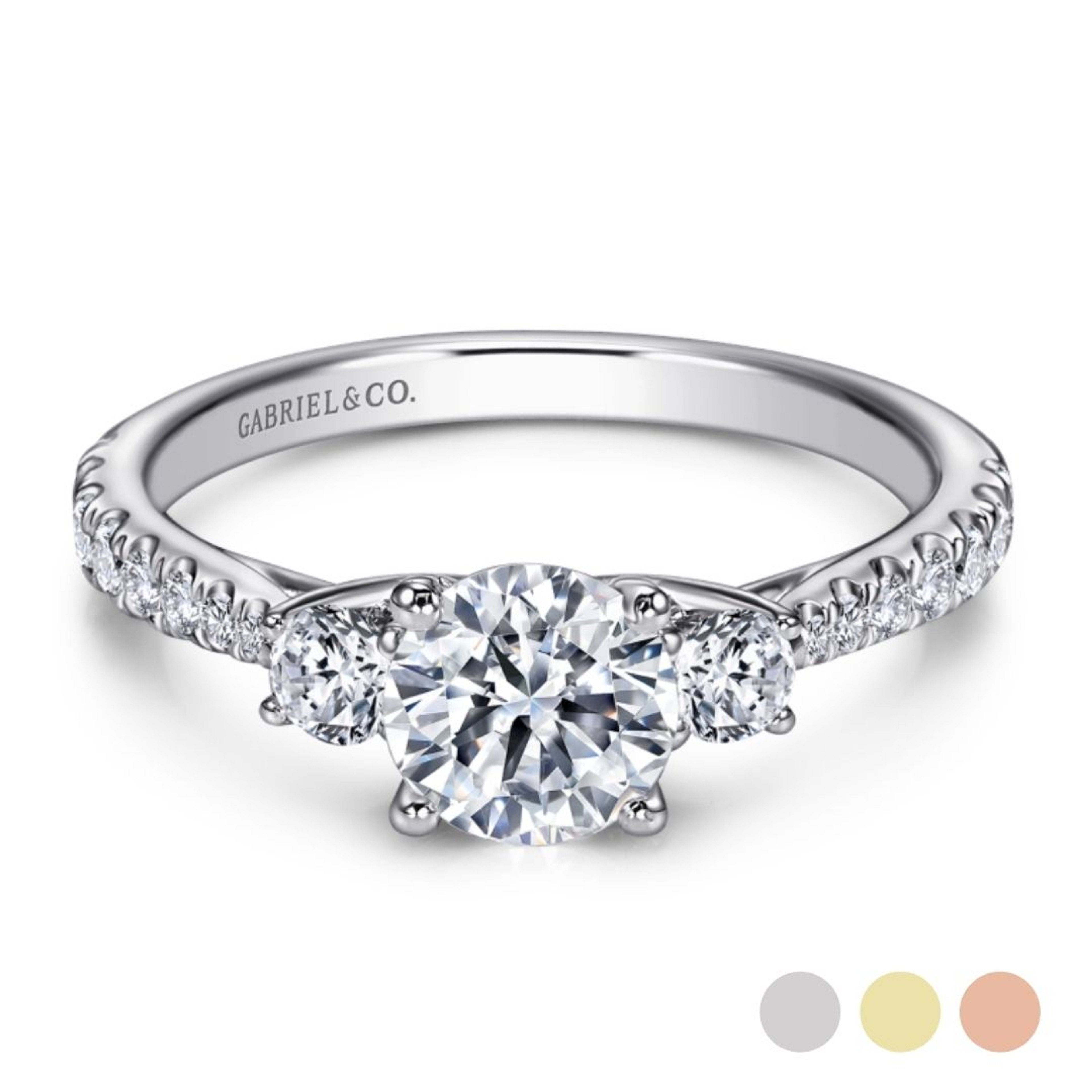 14K gold three stone engagement ring with diamond accents and diamond encrusted band