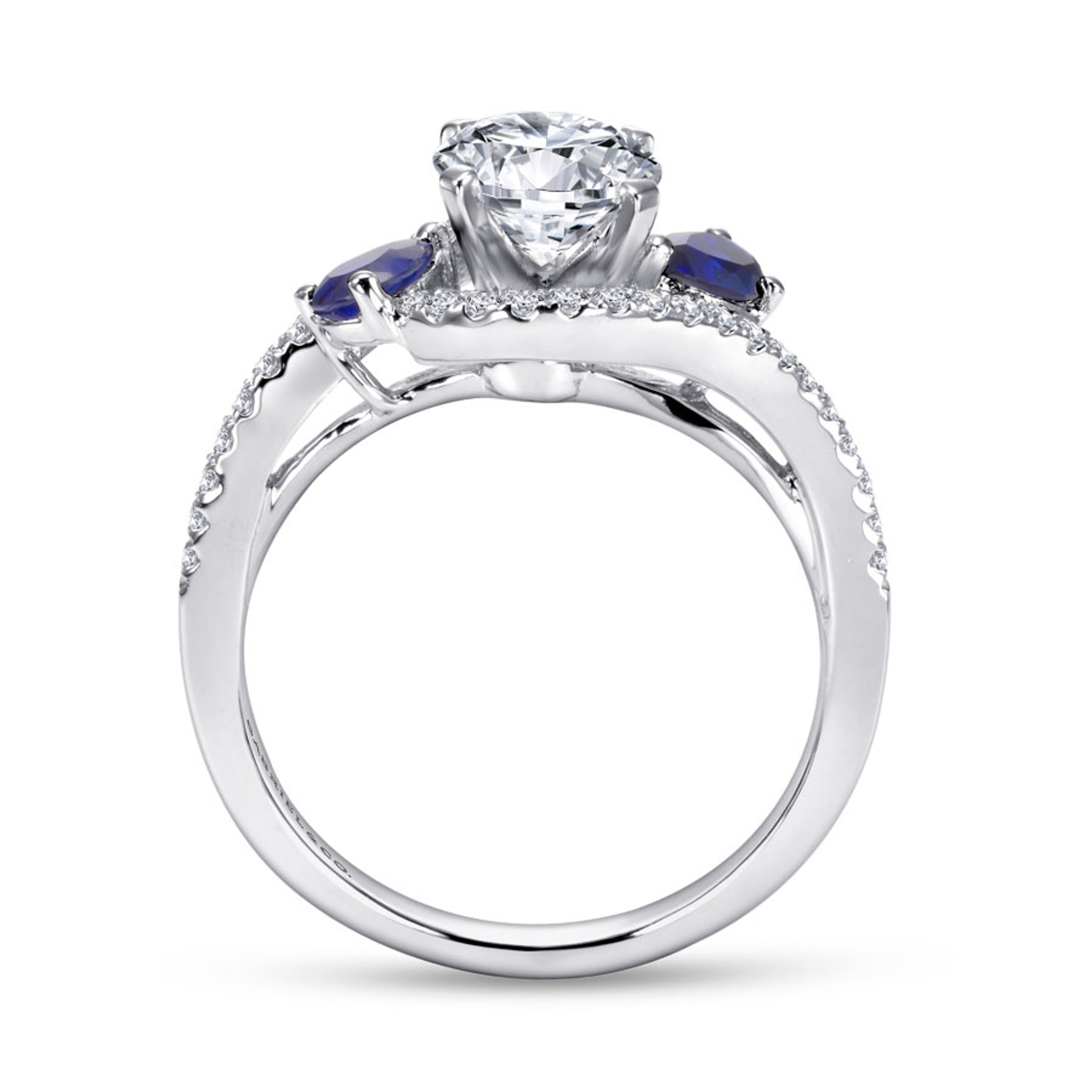 14K gold three-stone bypass engagement ring with sapphire accent stones and diamond encrusted band