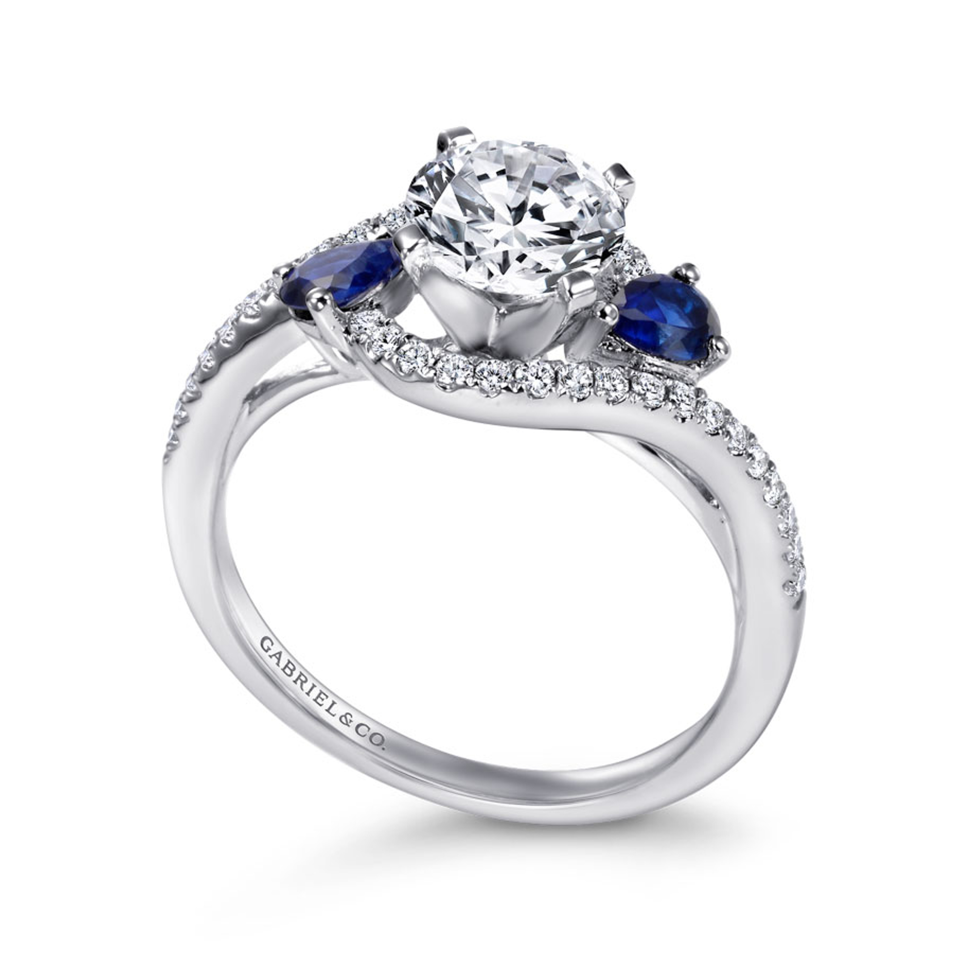 14K gold three-stone bypass engagement ring with sapphire accent stones and diamond encrusted band