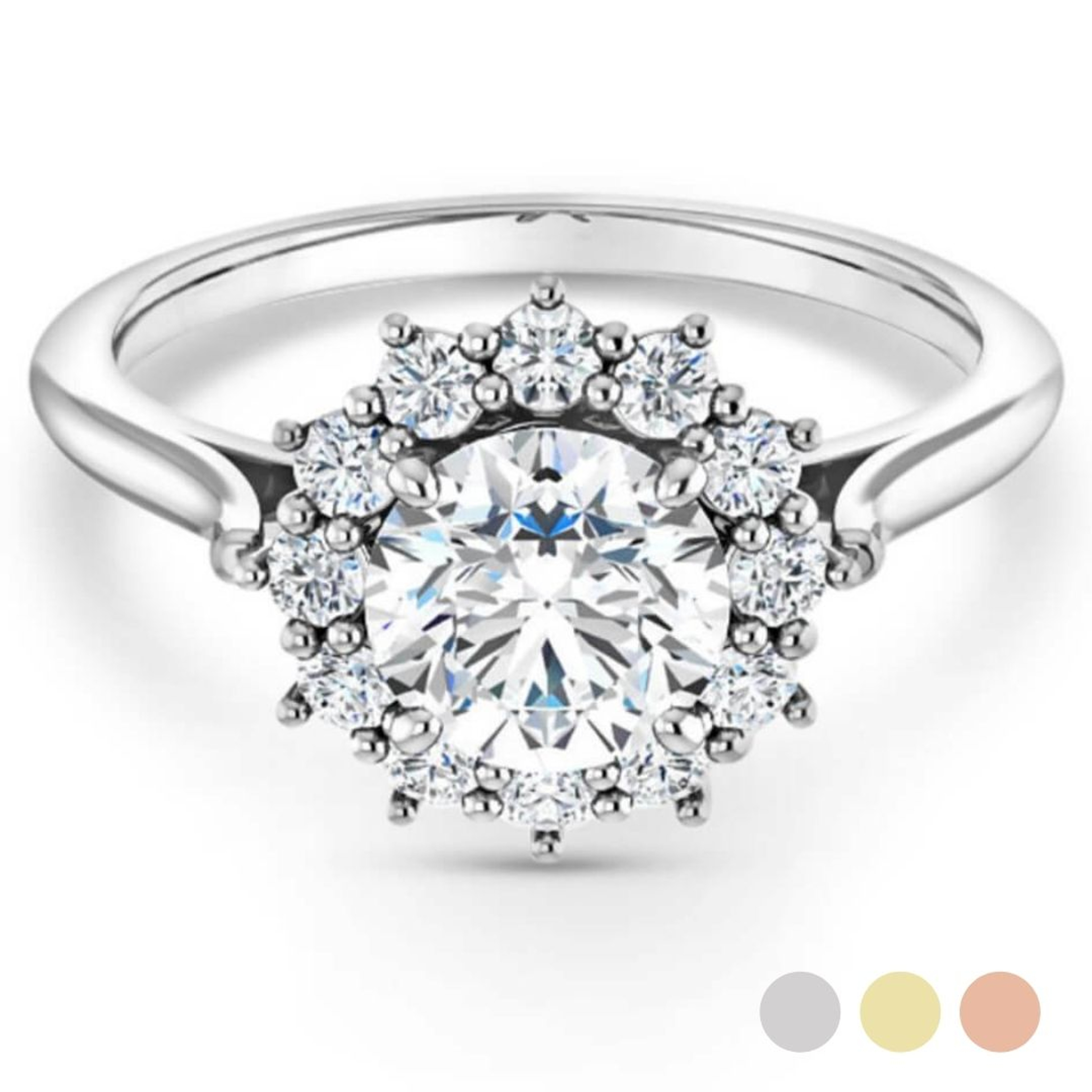 floral-inspired engagement ring with halo and polished band