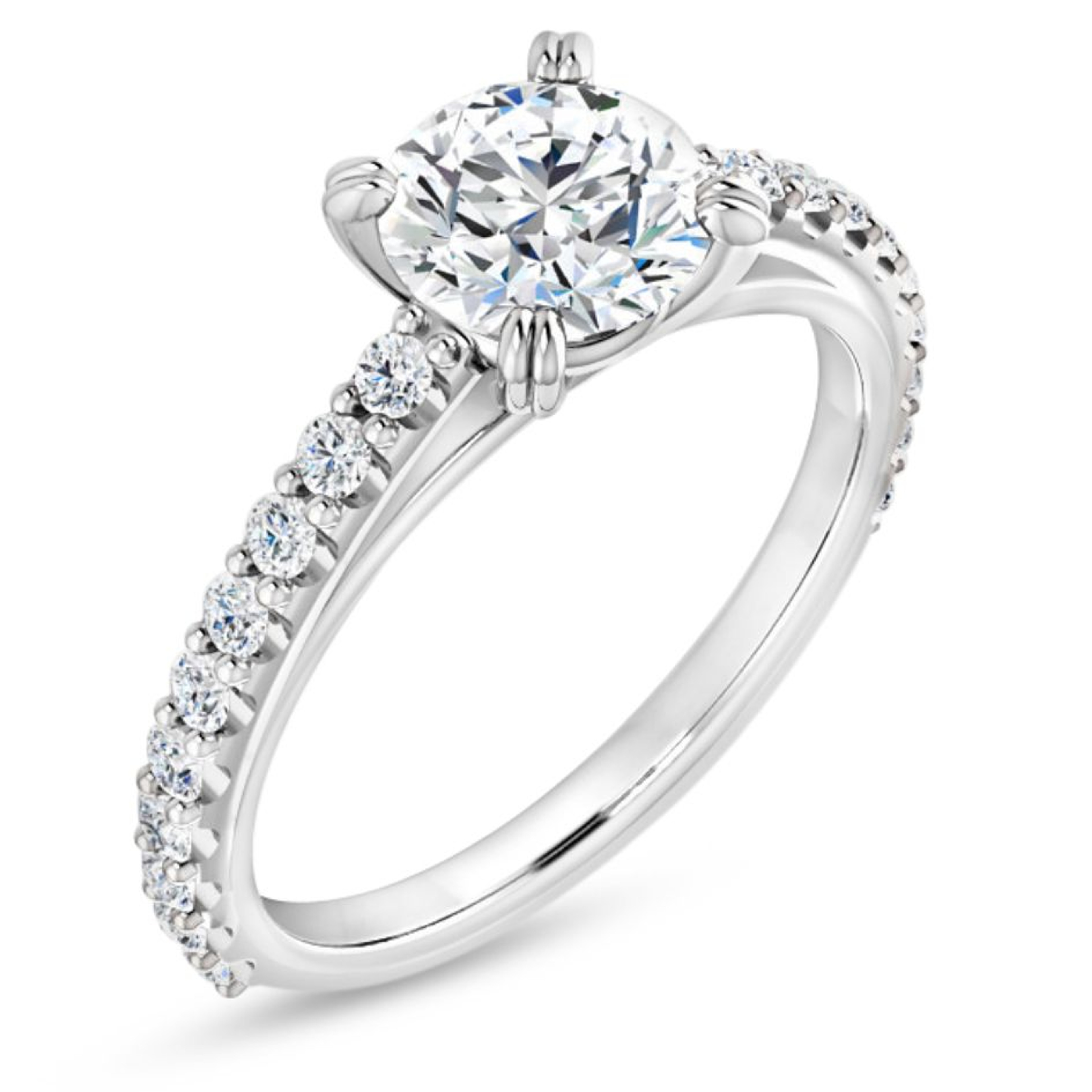 straight cathedral engagement ring with diamond accented band