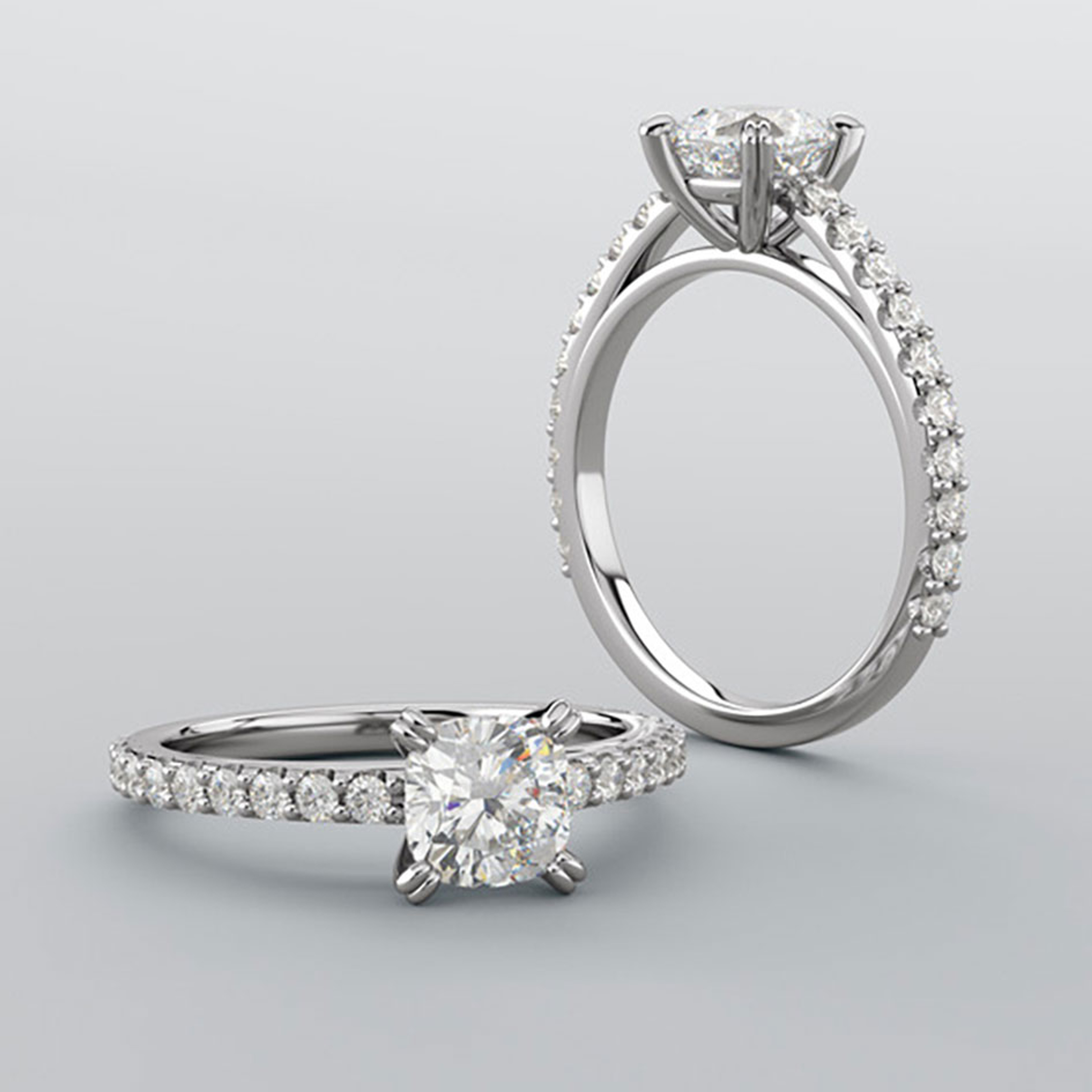 straight cathedral engagement ring with diamond accented band