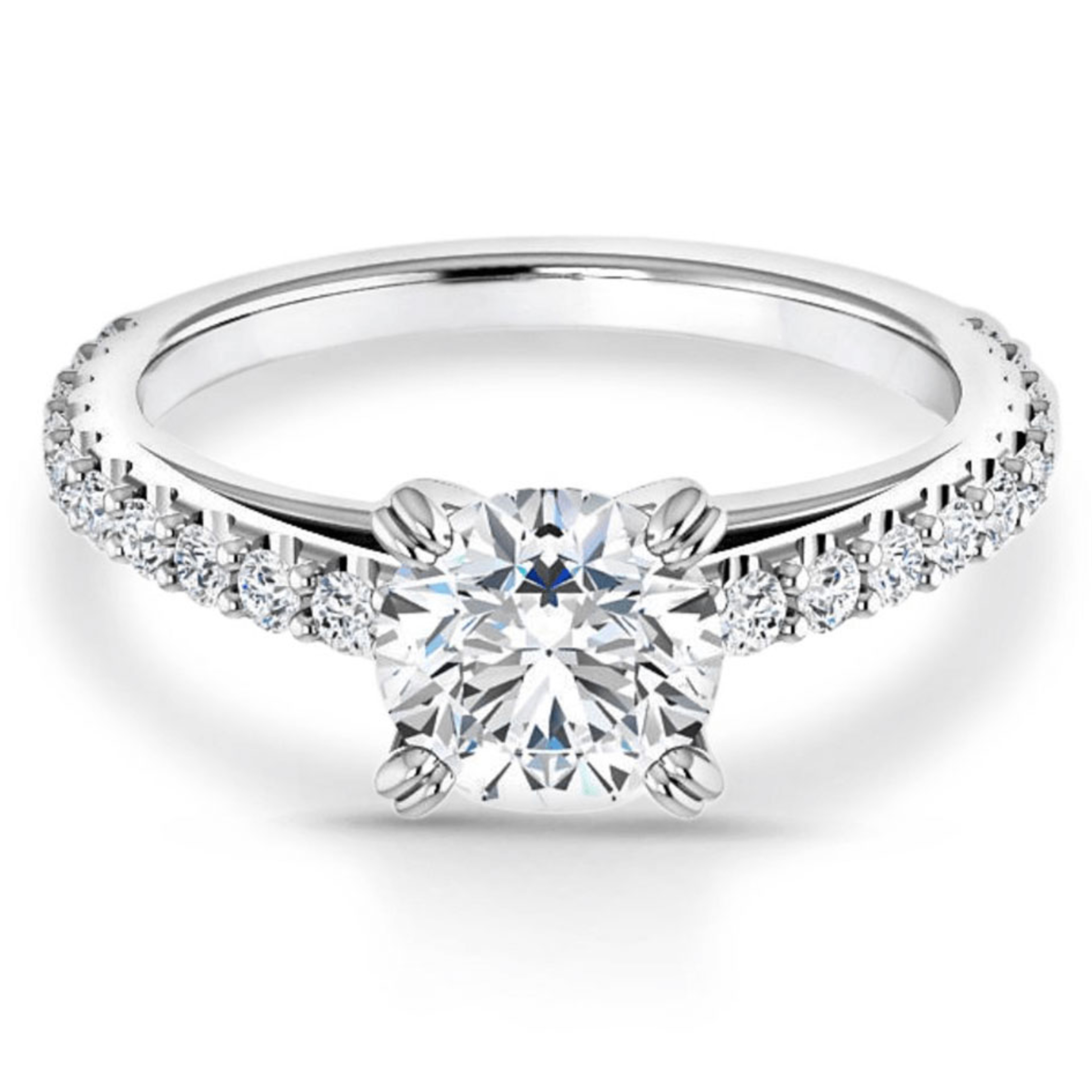 straight cathedral engagement ring with diamond accented band