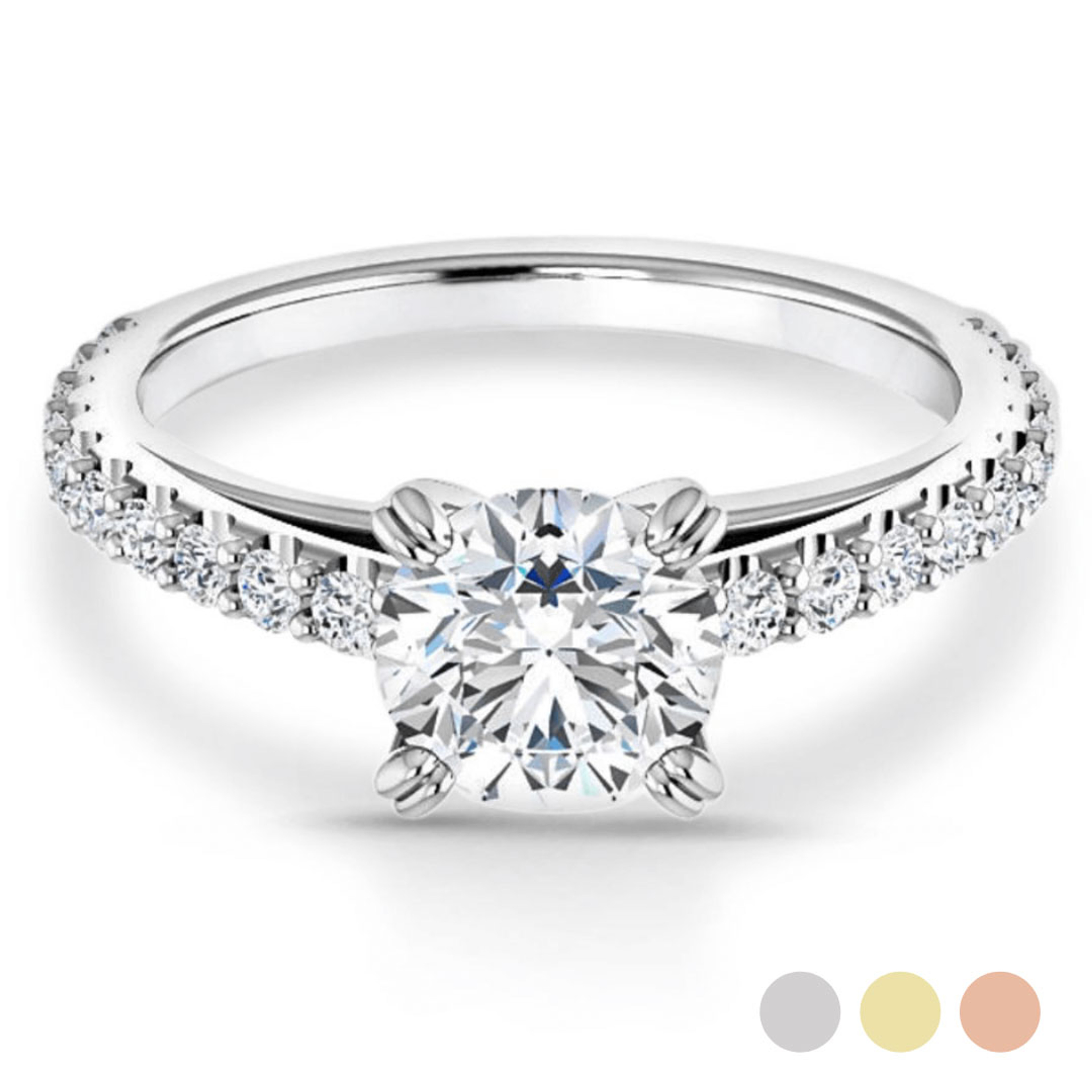 straight cathedral engagement ring with diamond accented band