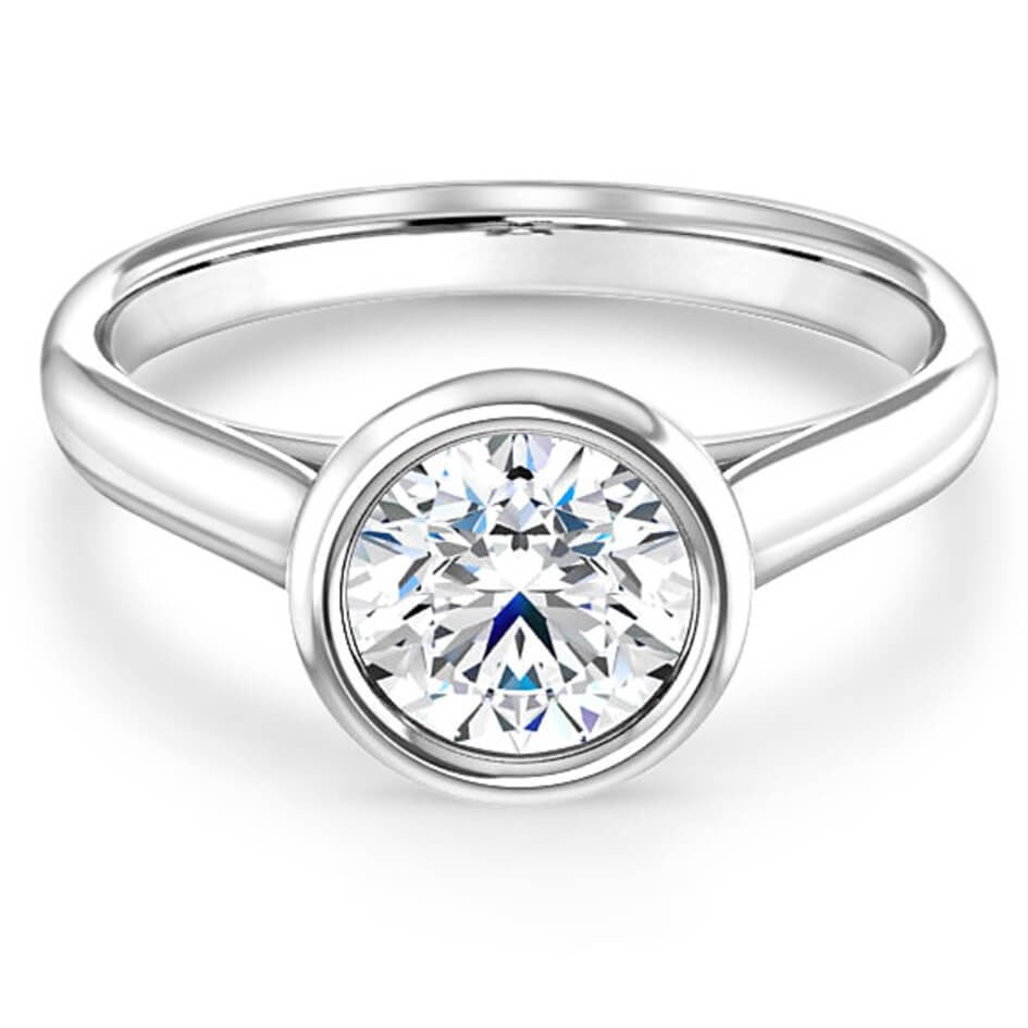 solitaire cathedral-style engagement ring with bezel setting around the center stone