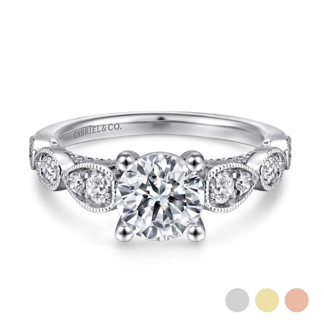 14K gold straight engagement ring with vintage inspired diamond accented band