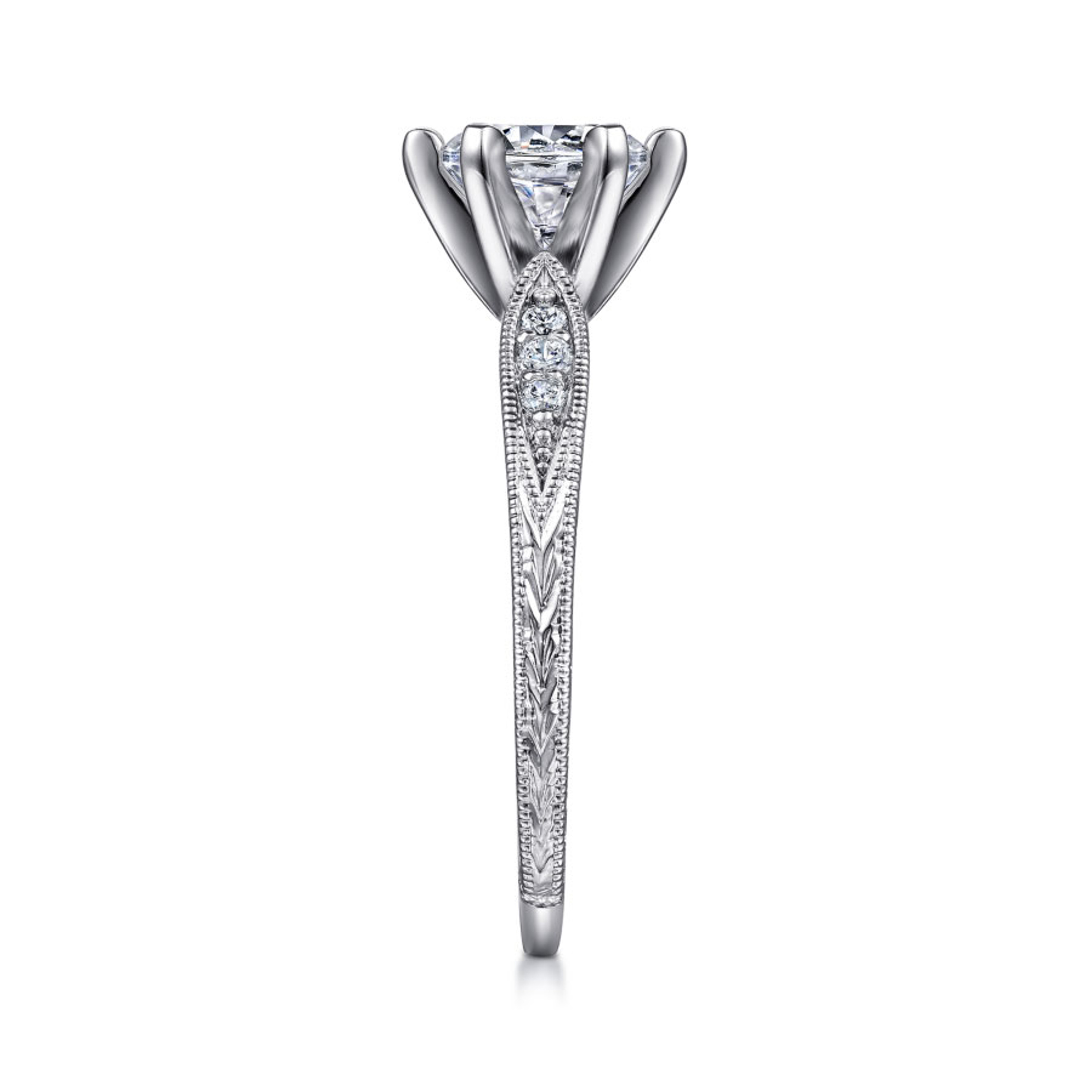 14K gold straight engagement ring with 6 prongs and diamond encrusted band