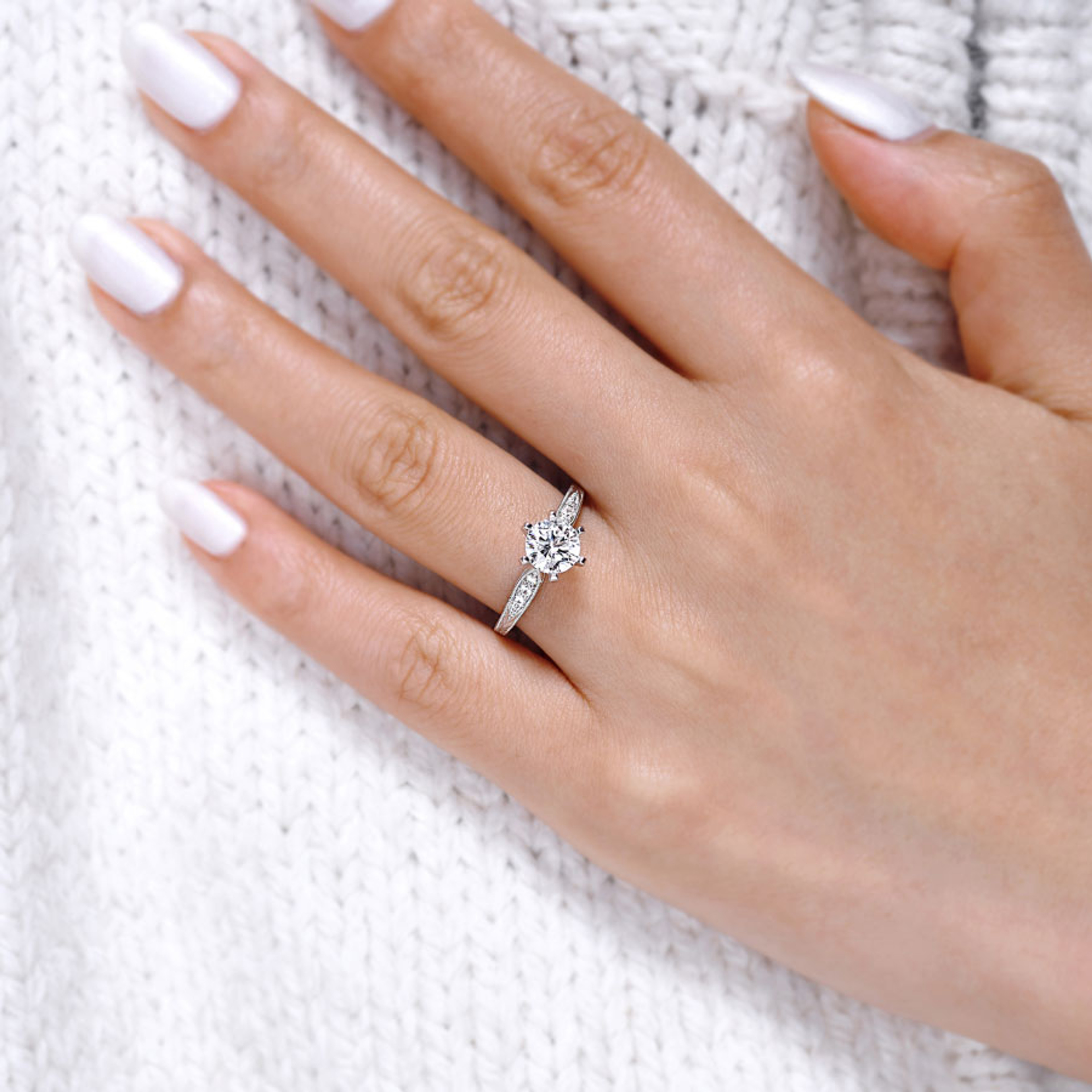 14K gold straight engagement ring with 6 prongs and diamond encrusted band