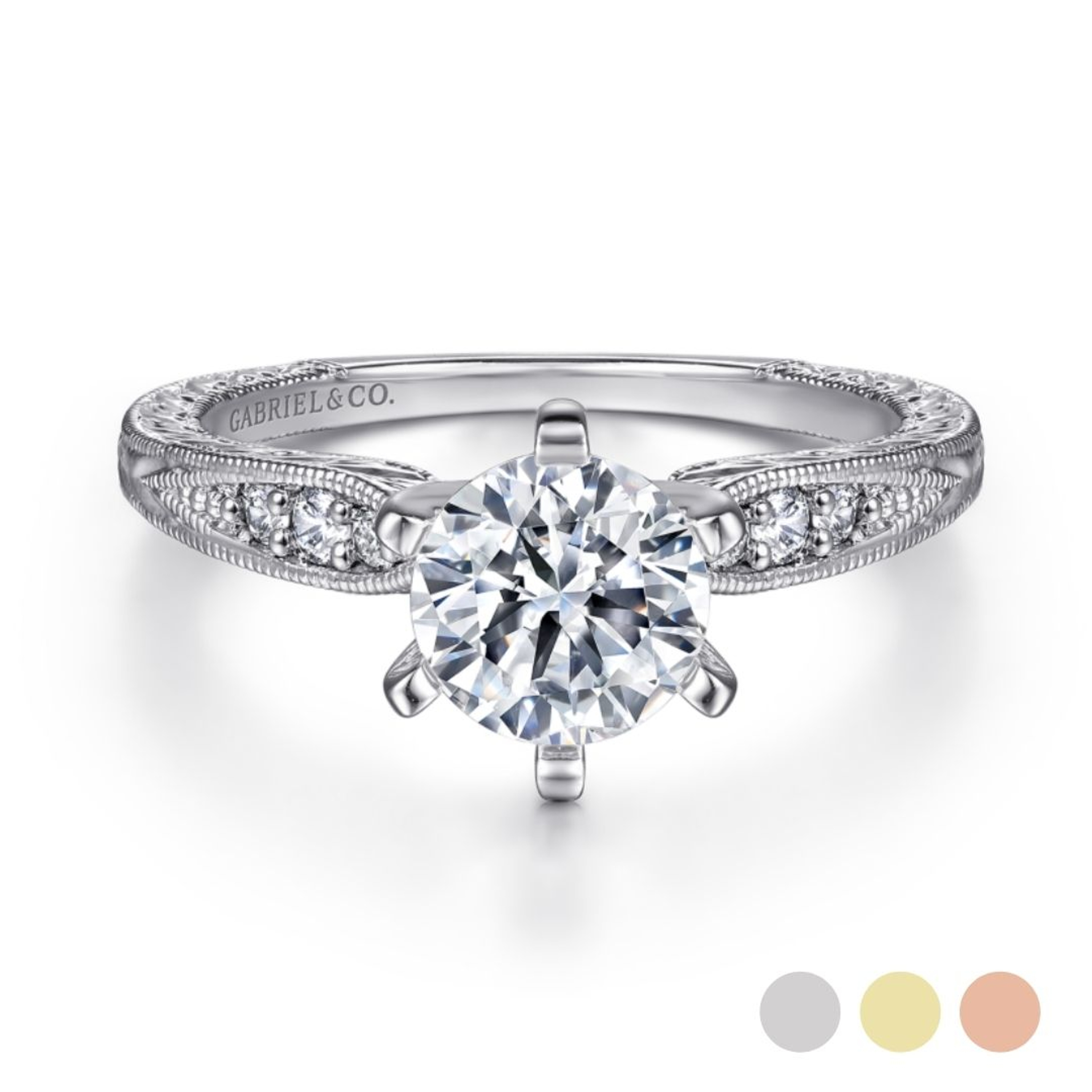 14K gold straight engagement ring with 6 prongs and diamond encrusted band
