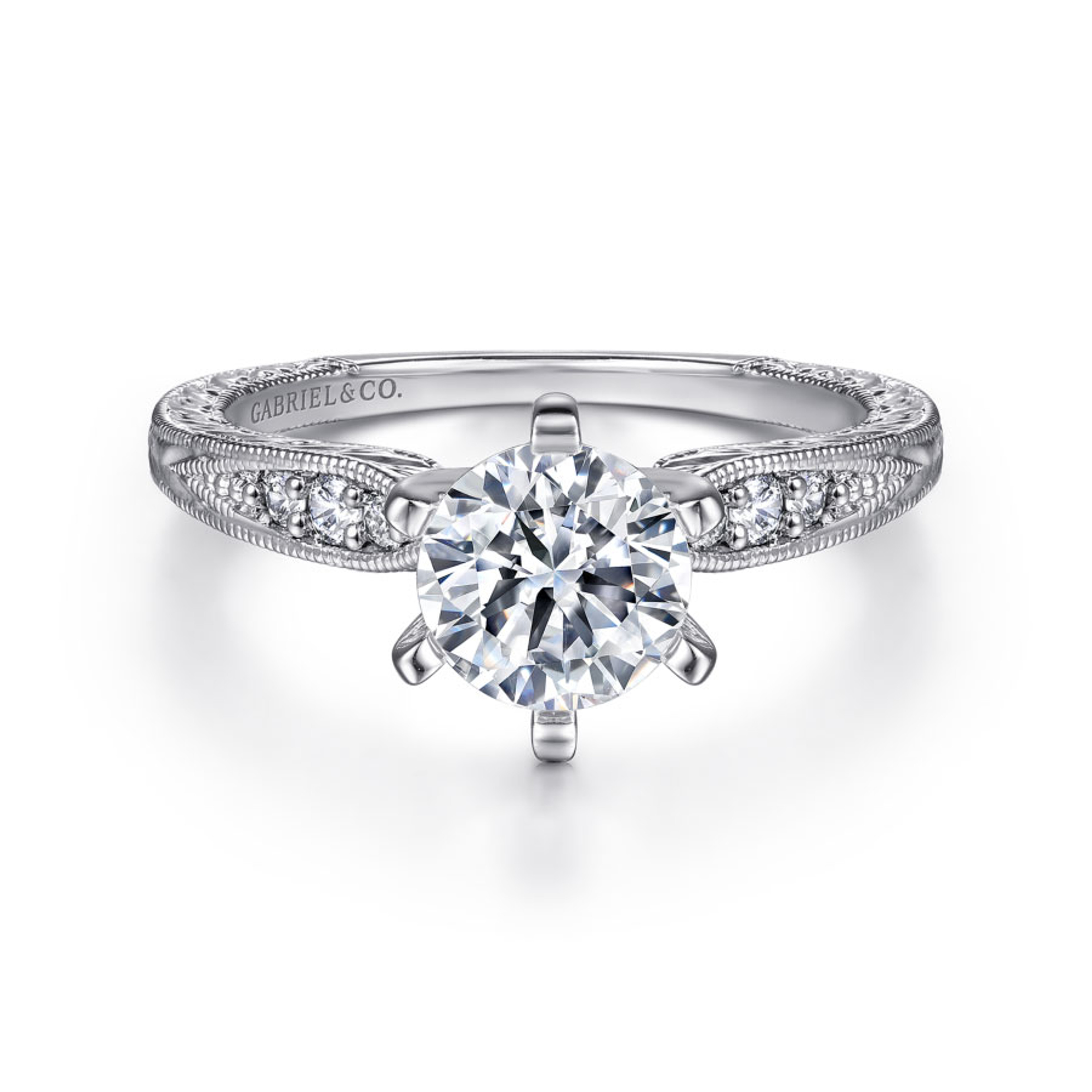 14K gold straight engagement ring with 6 prongs and diamond encrusted band