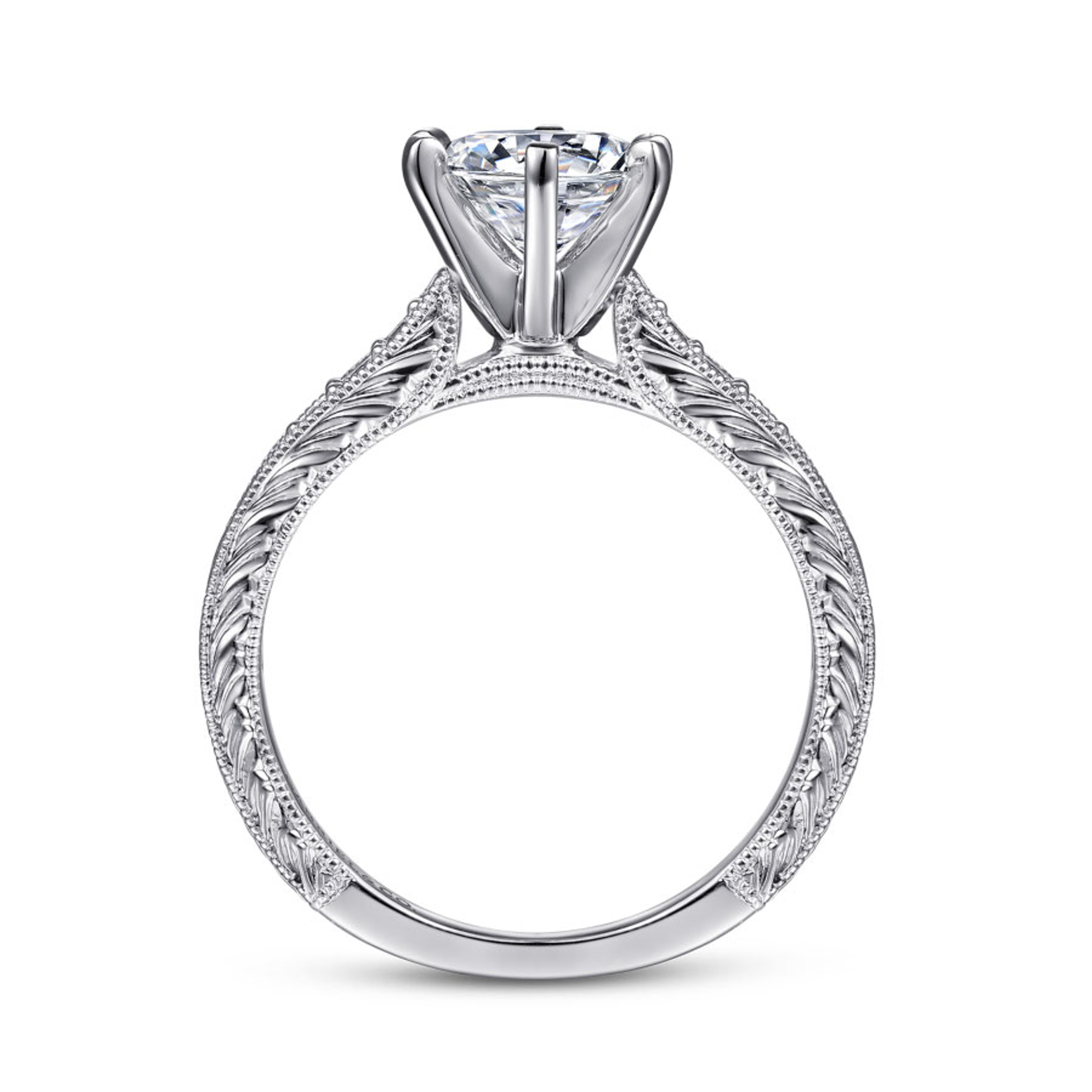 14K gold straight engagement ring with 6 prongs and diamond encrusted band